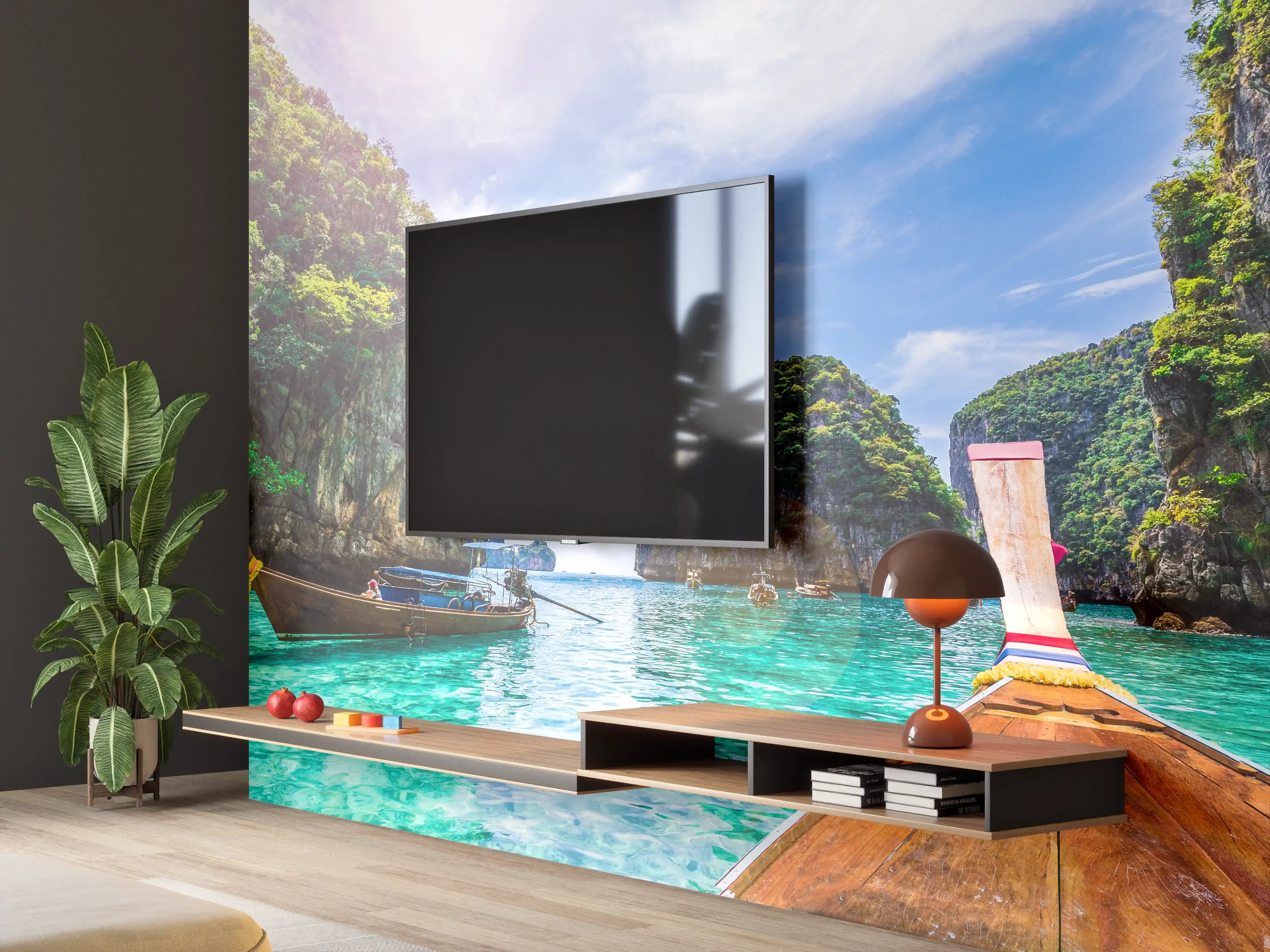 Wandverkleidung Wohnzimmer - Paradiesische Bootsfahrt im türkisblauen Wasser