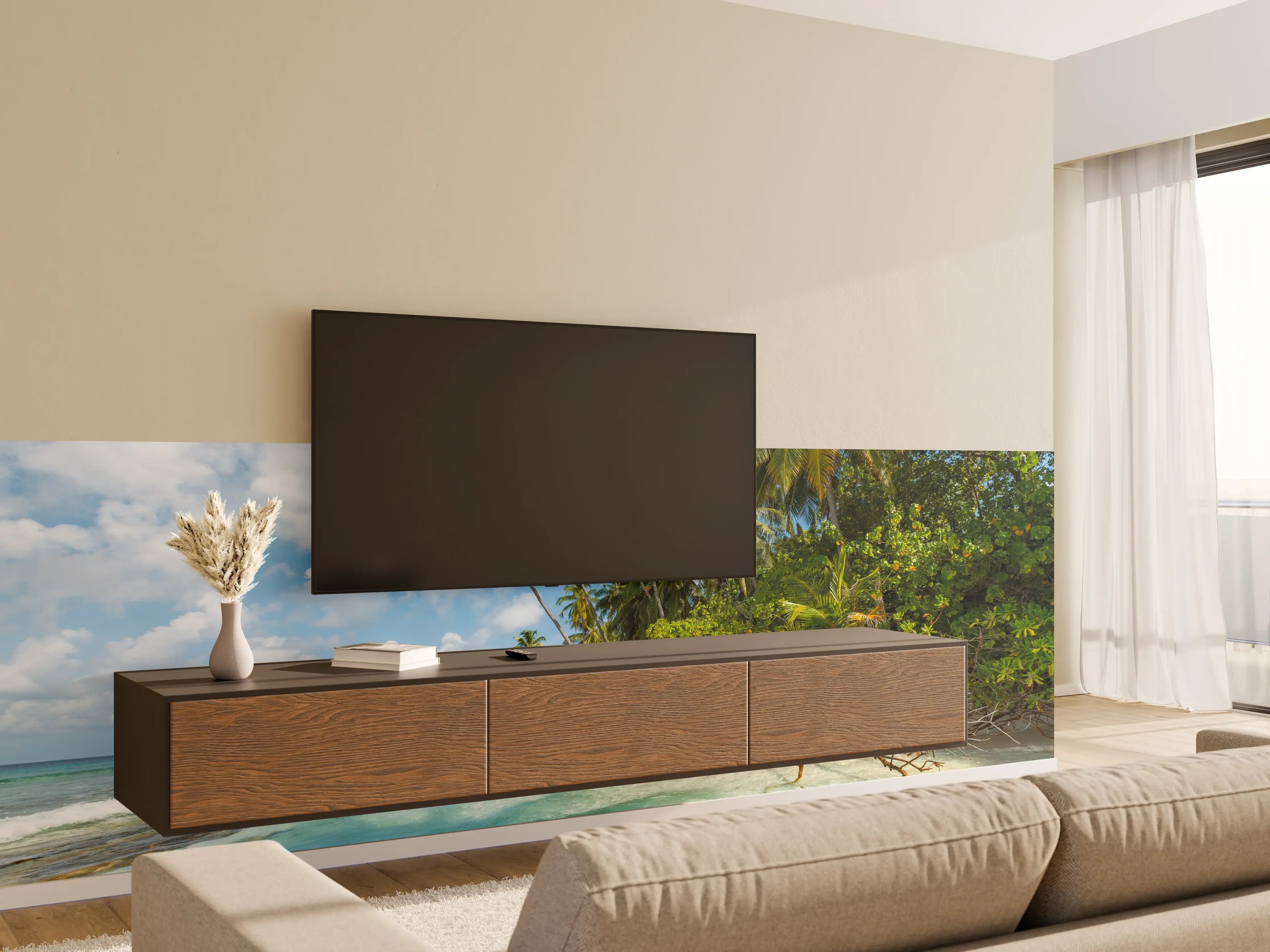 Wandverkleidung Wohnzimmer - Paradiesische Strandkulisse mit Palmen