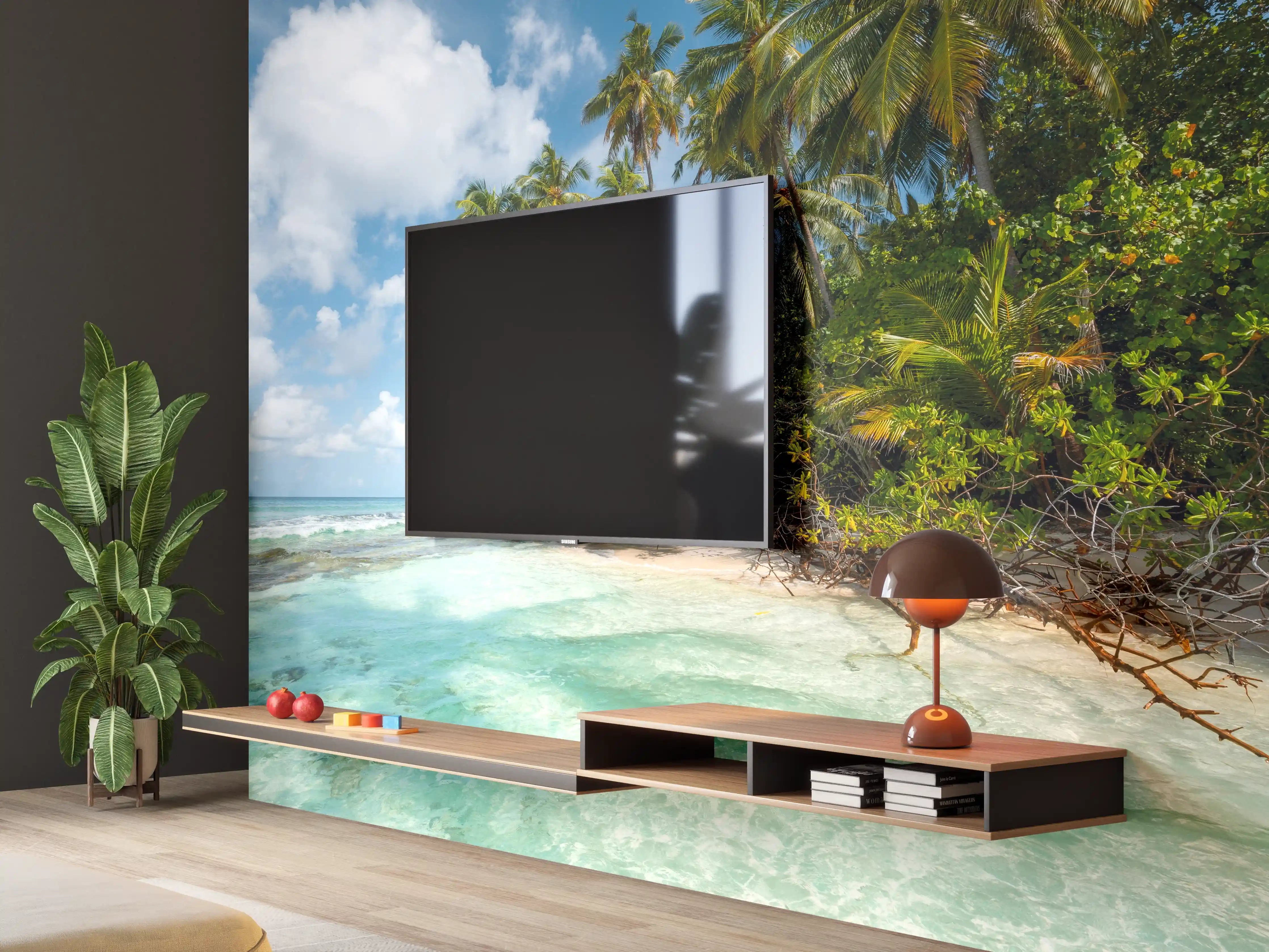 Wandverkleidung Wohnzimmer - Paradiesische Strandkulisse mit Palmen