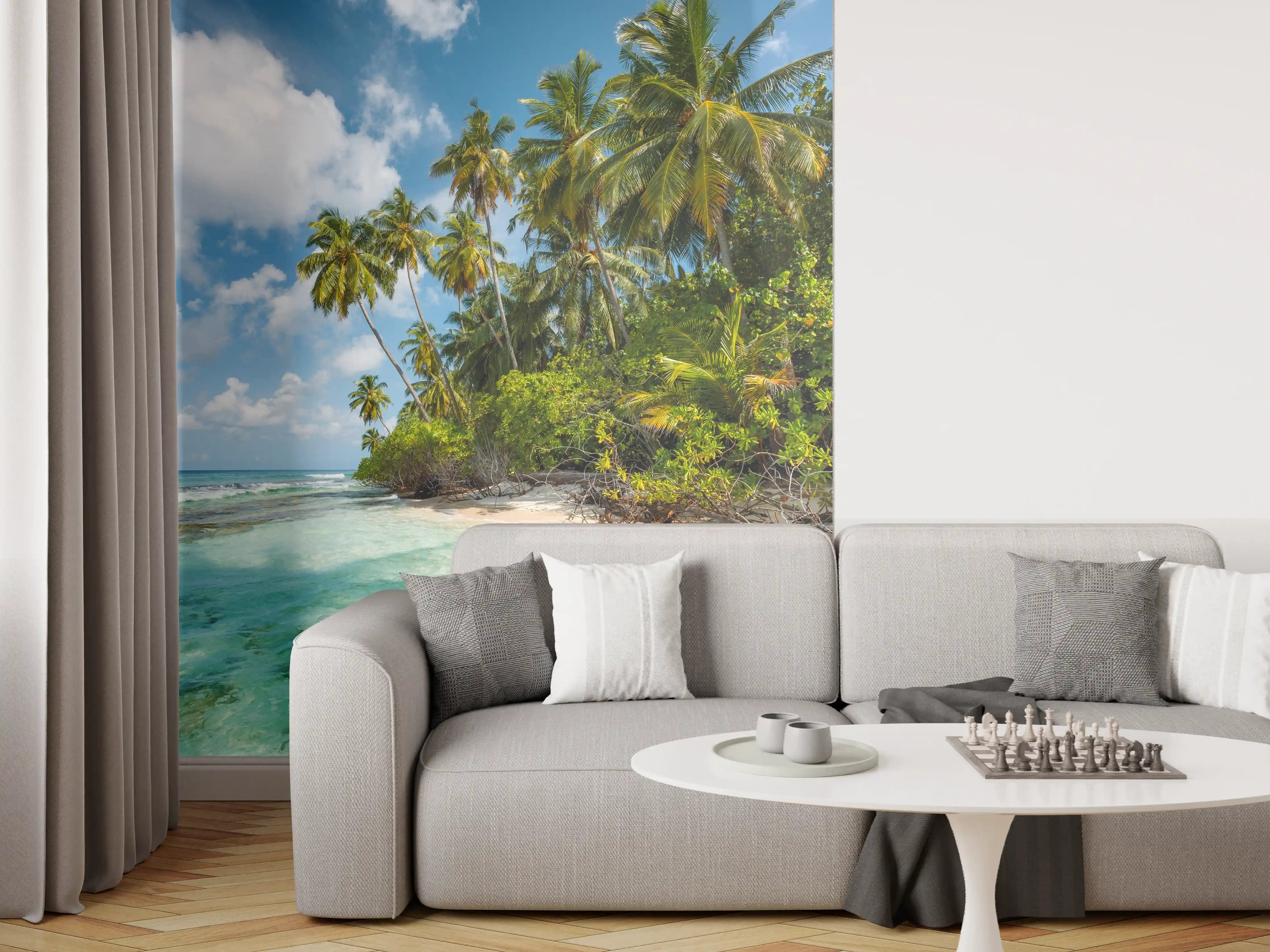 Wandverkleidung Wohnzimmer - Paradiesische Strandkulisse mit Palmen