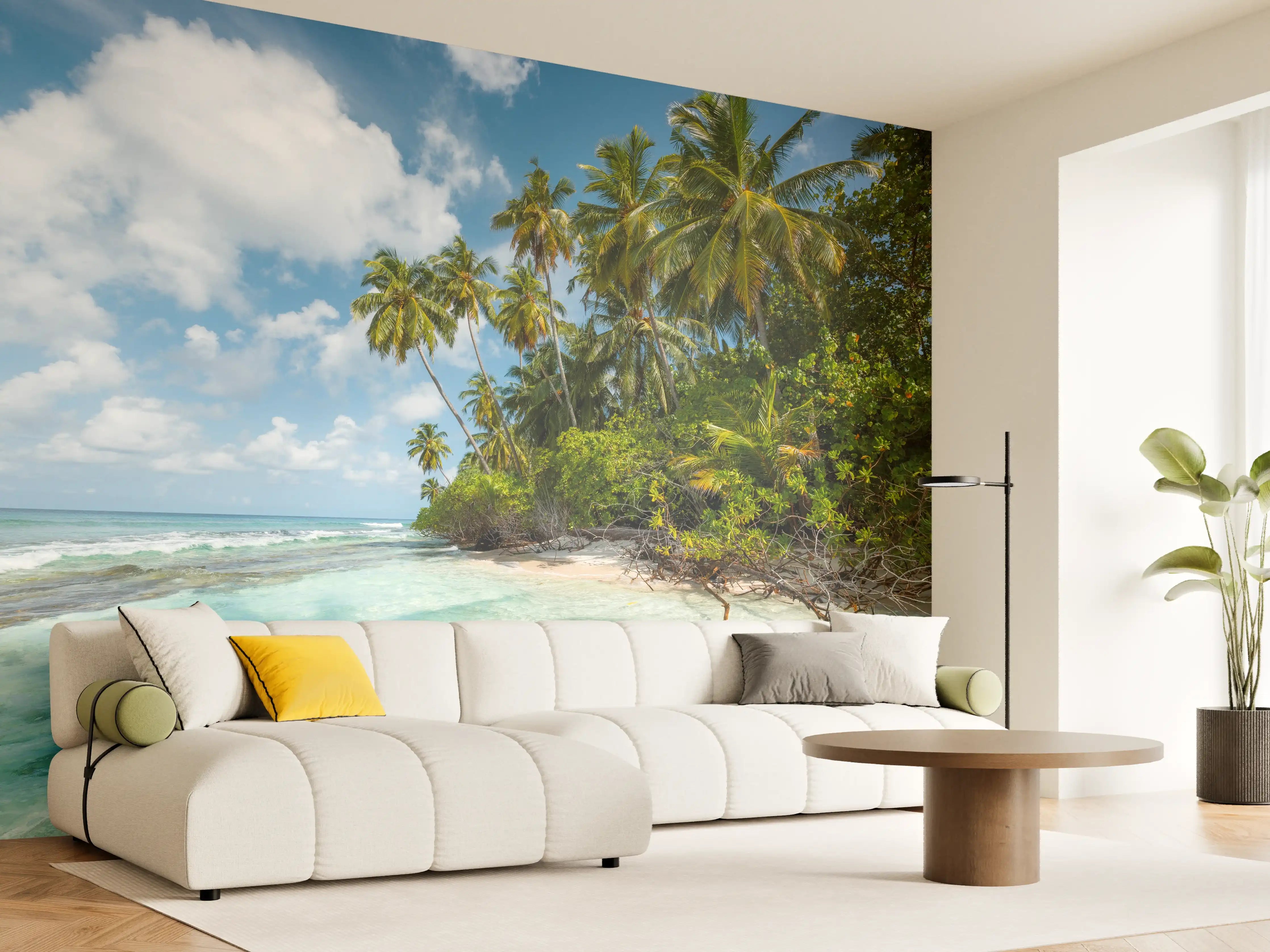 Wandverkleidung Wohnzimmer - Paradiesische Strandkulisse mit Palmen
