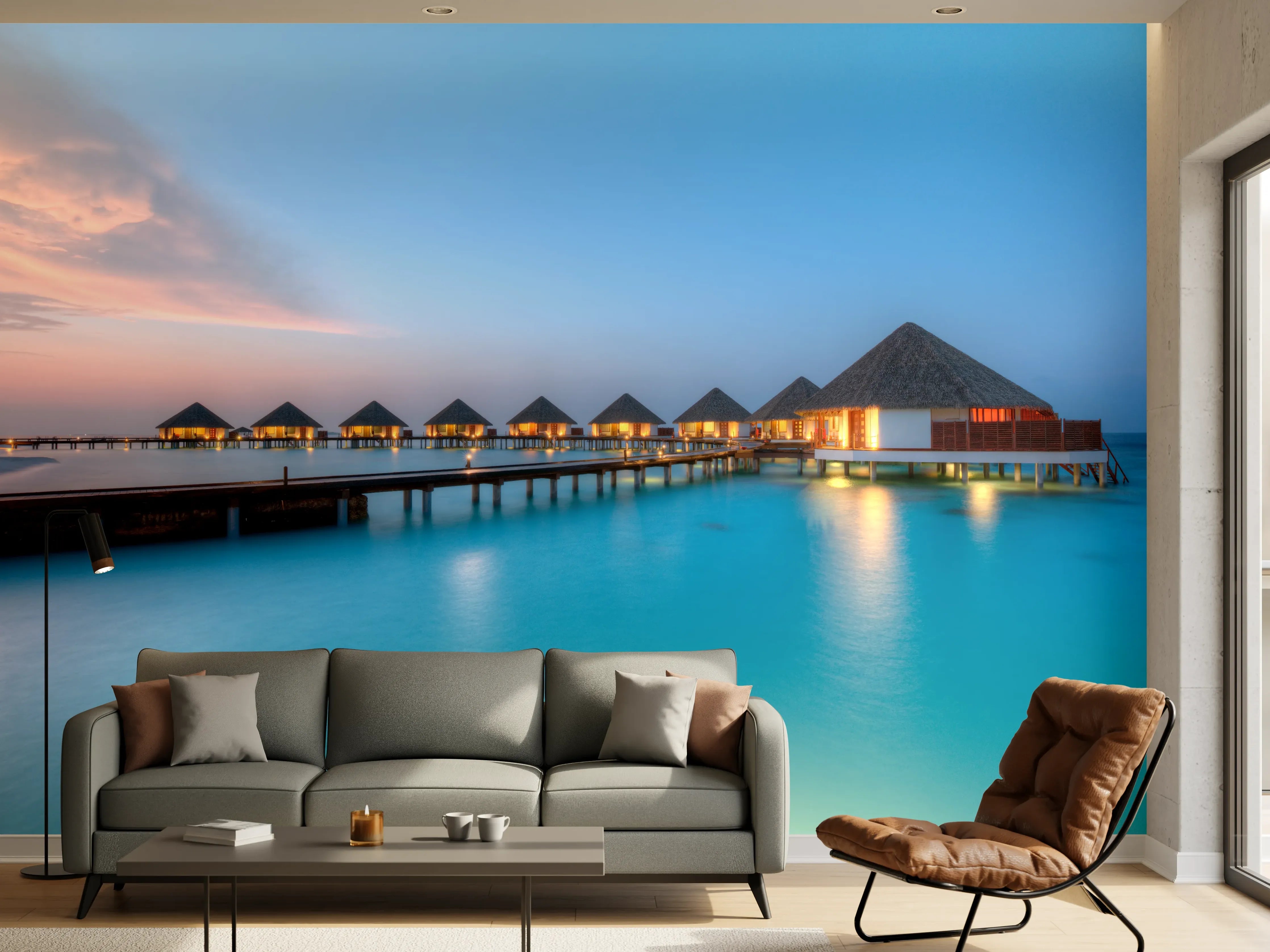 Wandverkleidung Wohnzimmer - Paradiesischer Resort-Hafen bei Sonnenuntergang