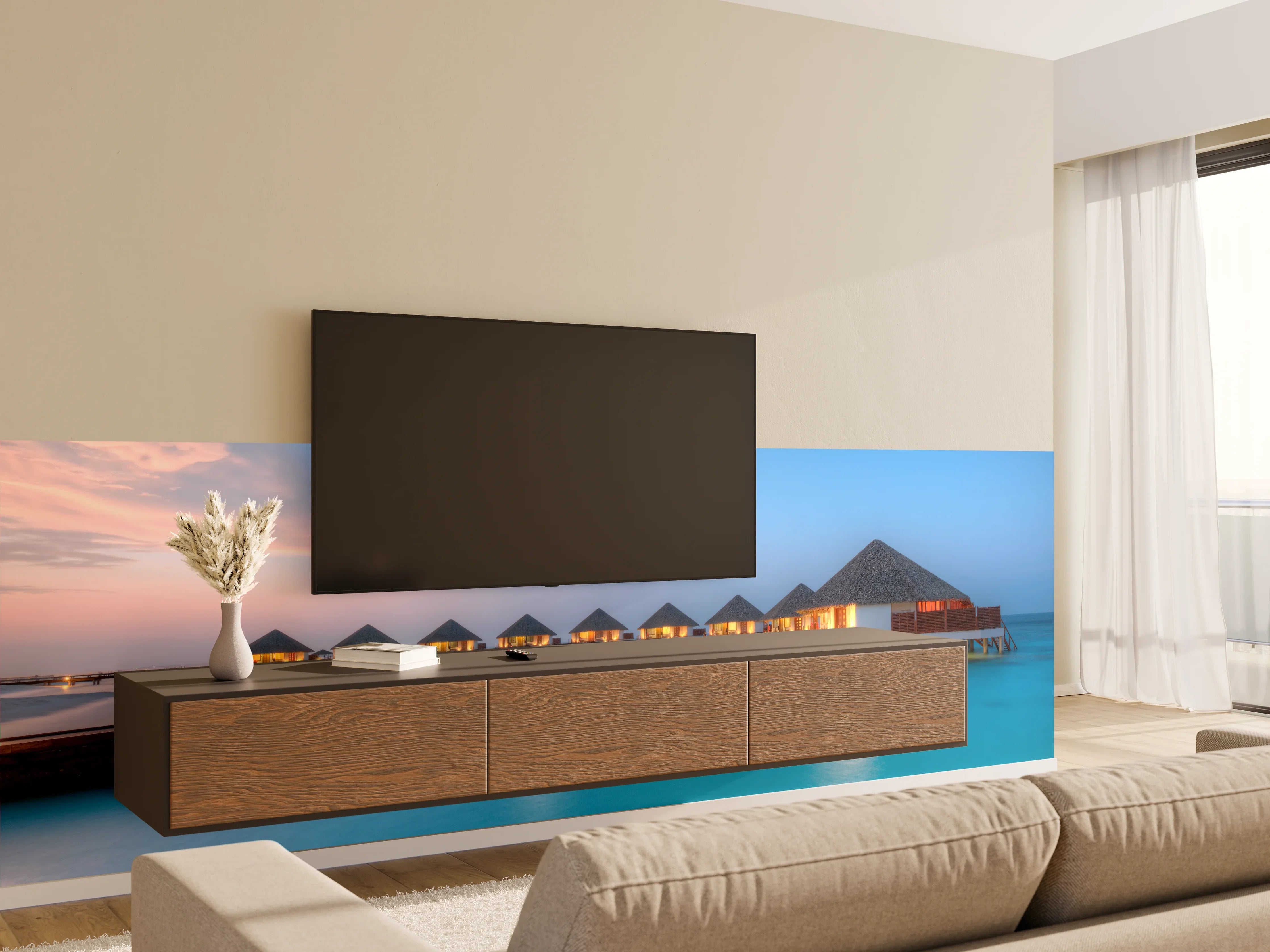 Wandverkleidung Wohnzimmer - Paradiesischer Resort-Hafen bei Sonnenuntergang