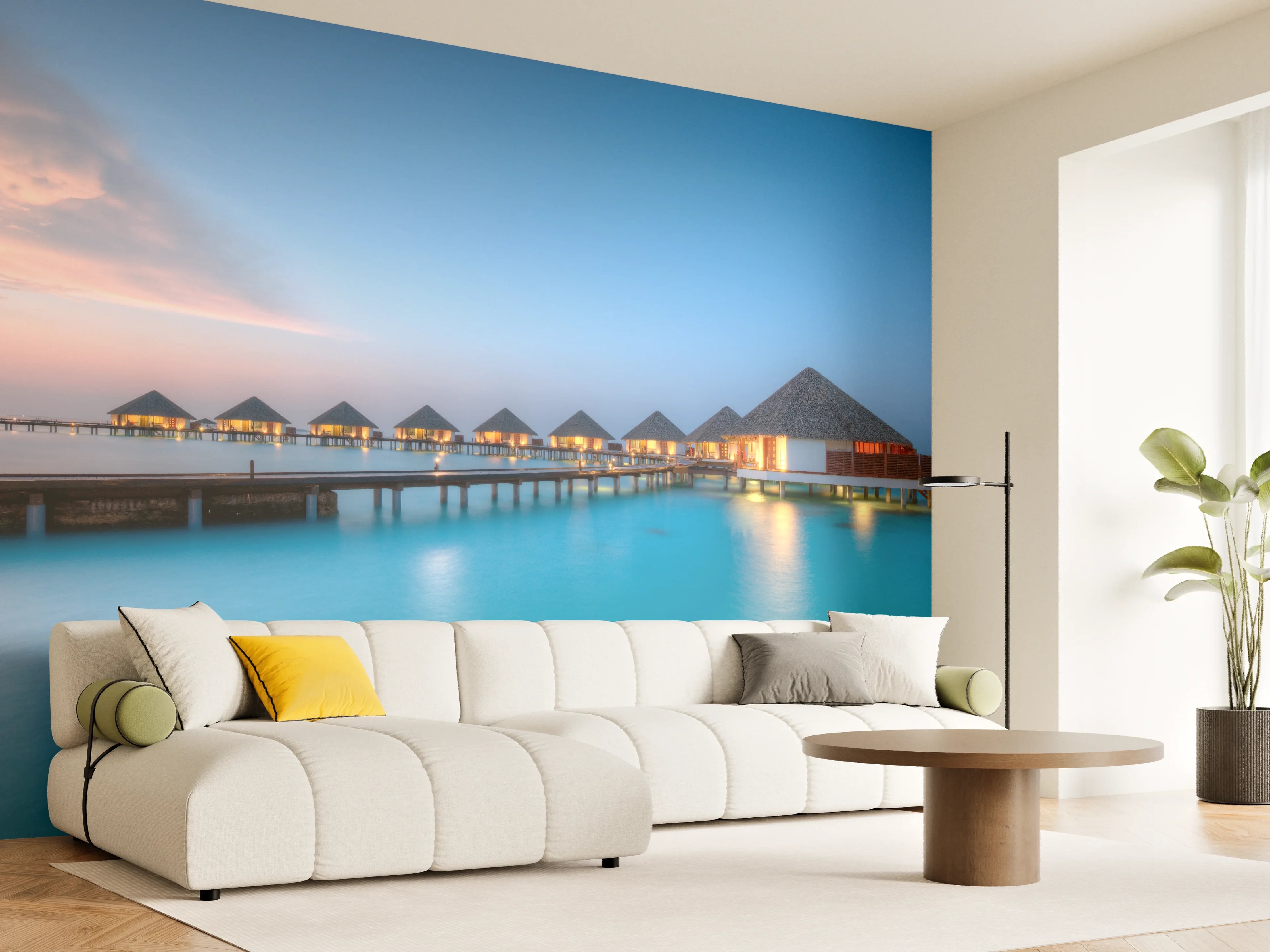 Wandverkleidung Wohnzimmer - Paradiesischer Resort-Hafen bei Sonnenuntergang