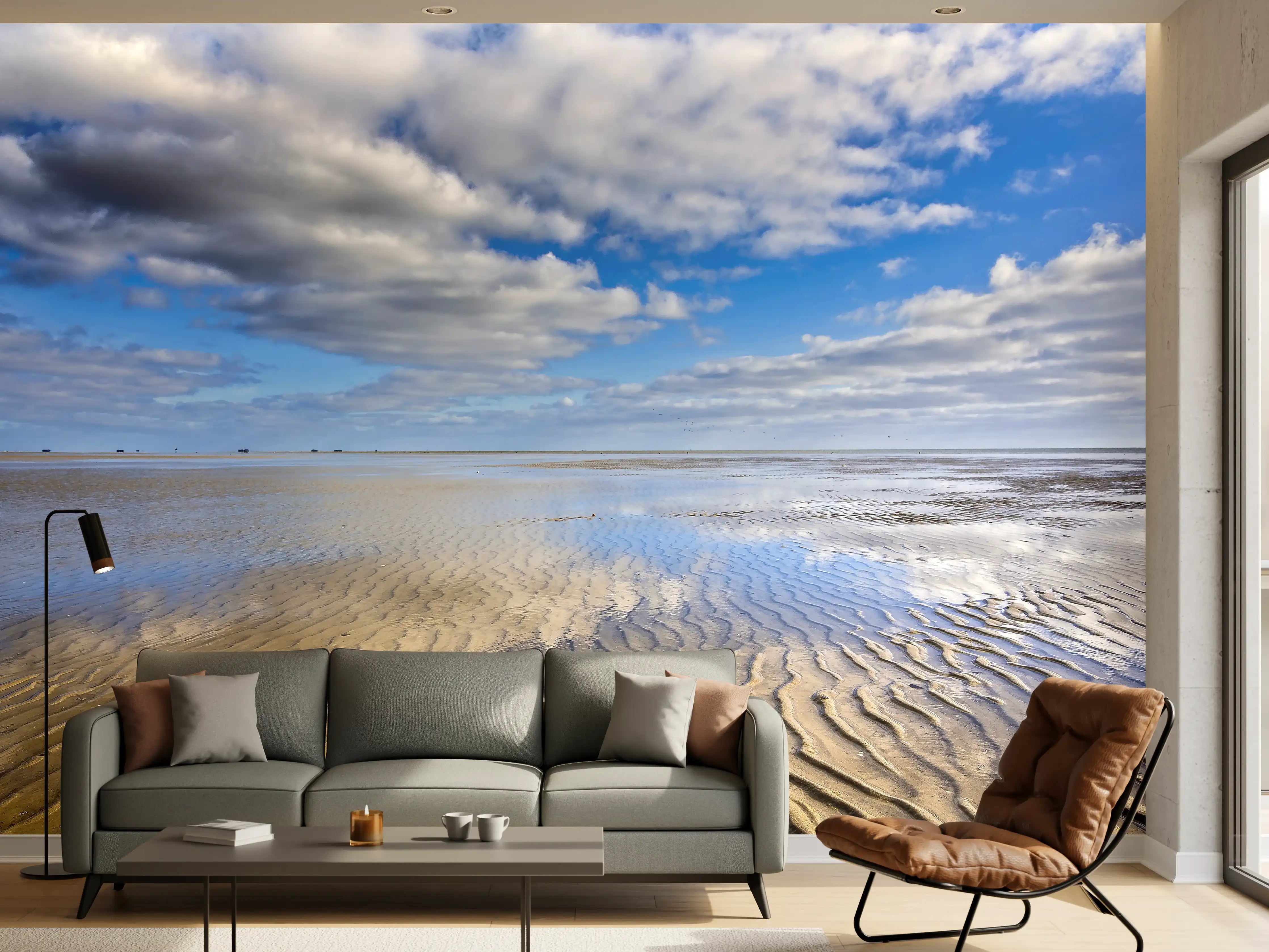 Wandverkleidung Wohnzimmer - Paradiesischer Strand mit Wolken-Skyline