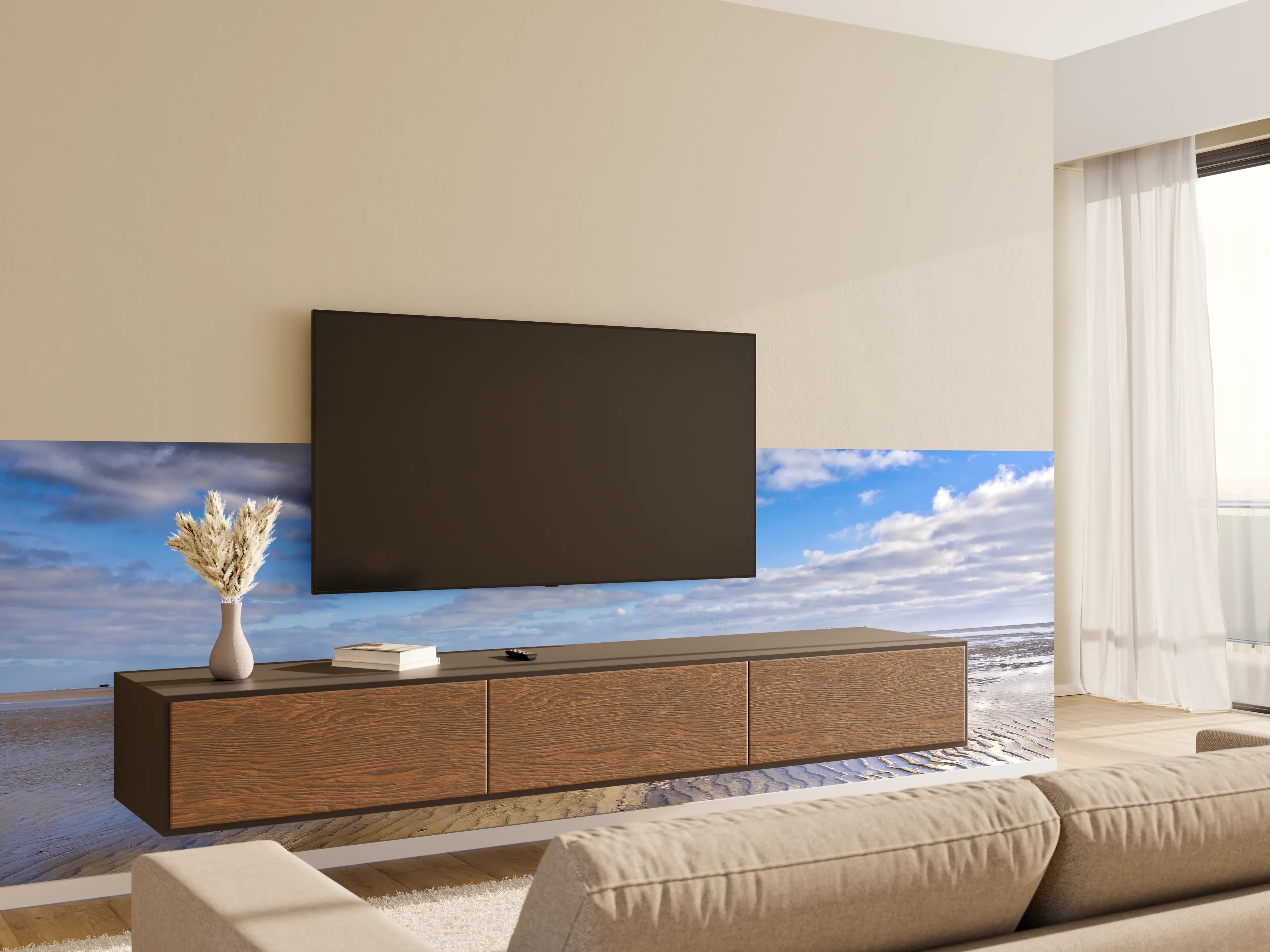 Wandverkleidung Wohnzimmer - Paradiesischer Strand mit Wolken-Skyline