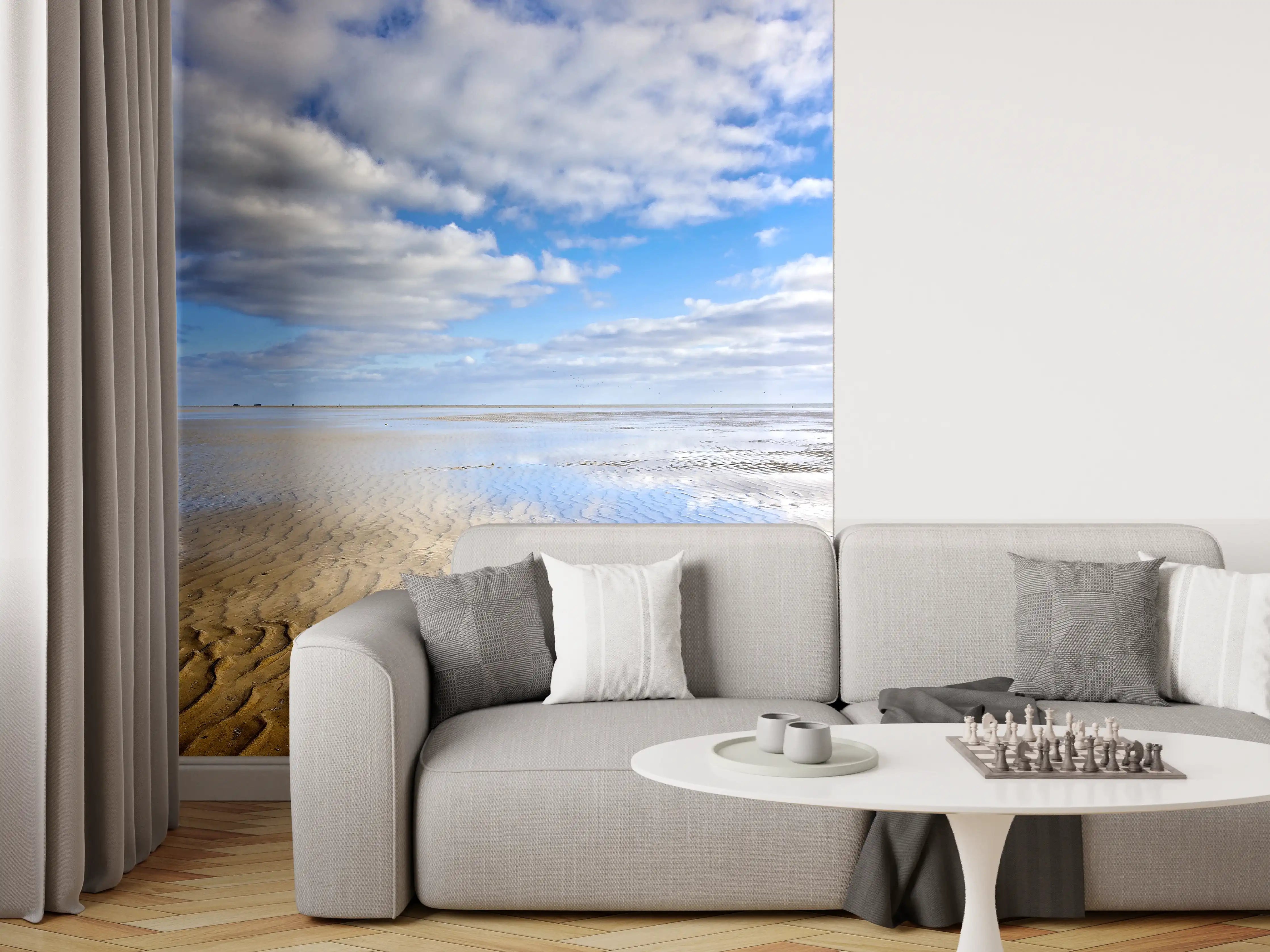 Wandverkleidung Wohnzimmer - Paradiesischer Strand mit Wolken-Skyline