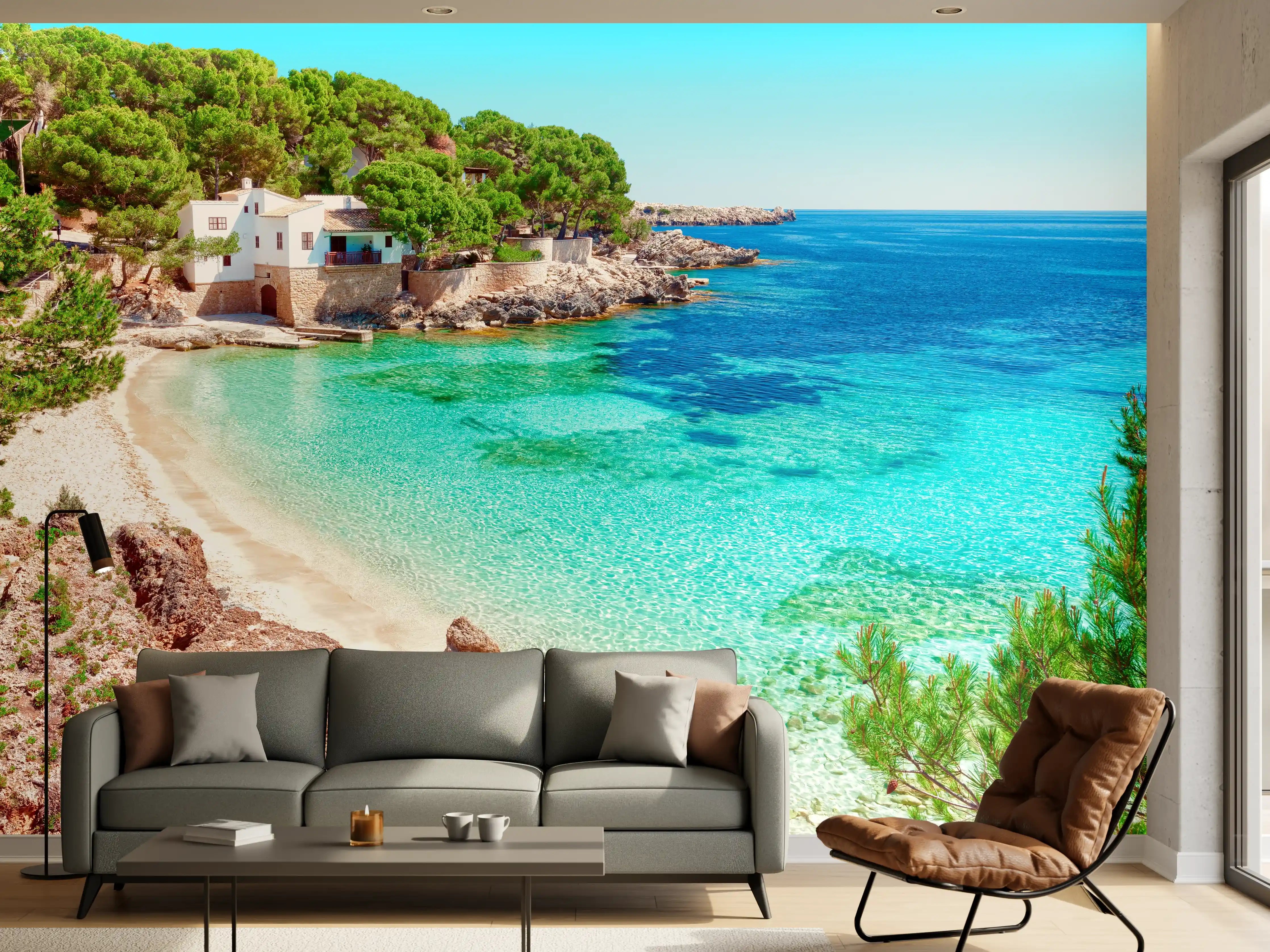 Wandverkleidung Wohnzimmer - Paradiesischer Strand mit klarem Wasser und Haus am Ufer