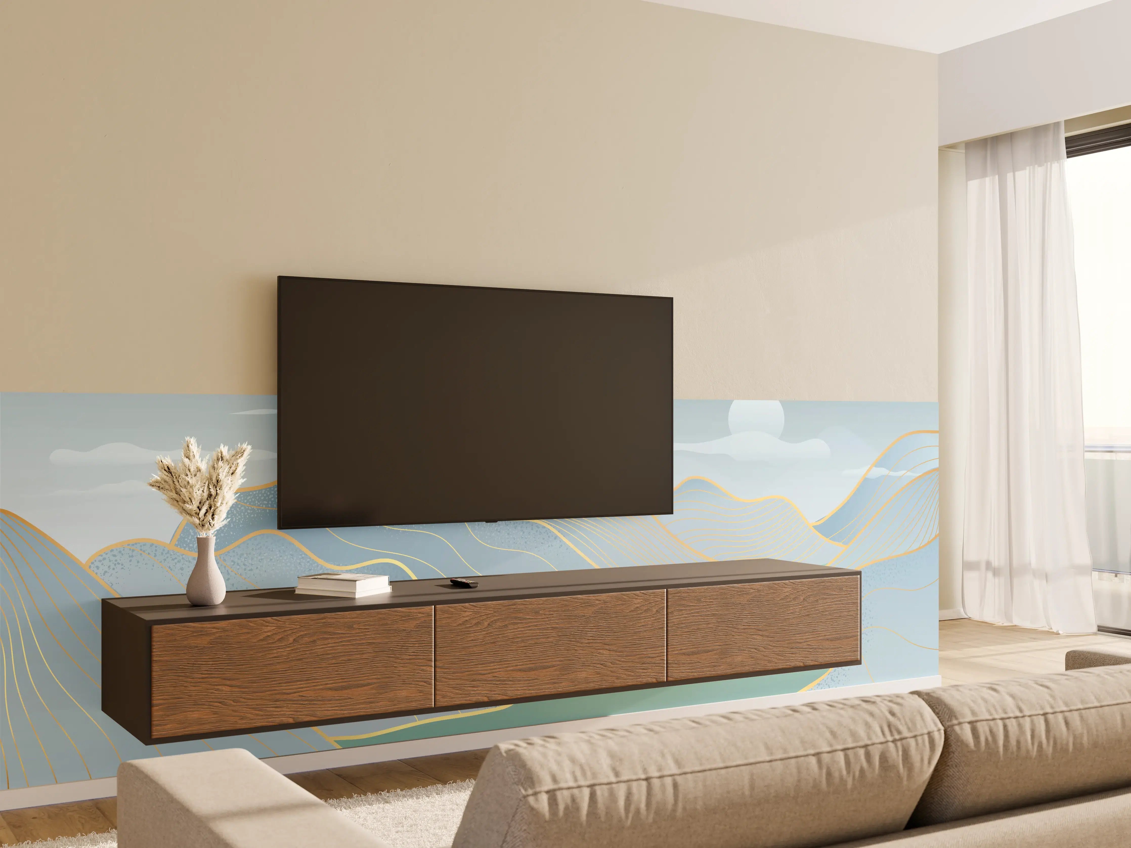 Wandverkleidung Wohnzimmer - Pastell Berge und See Panorama