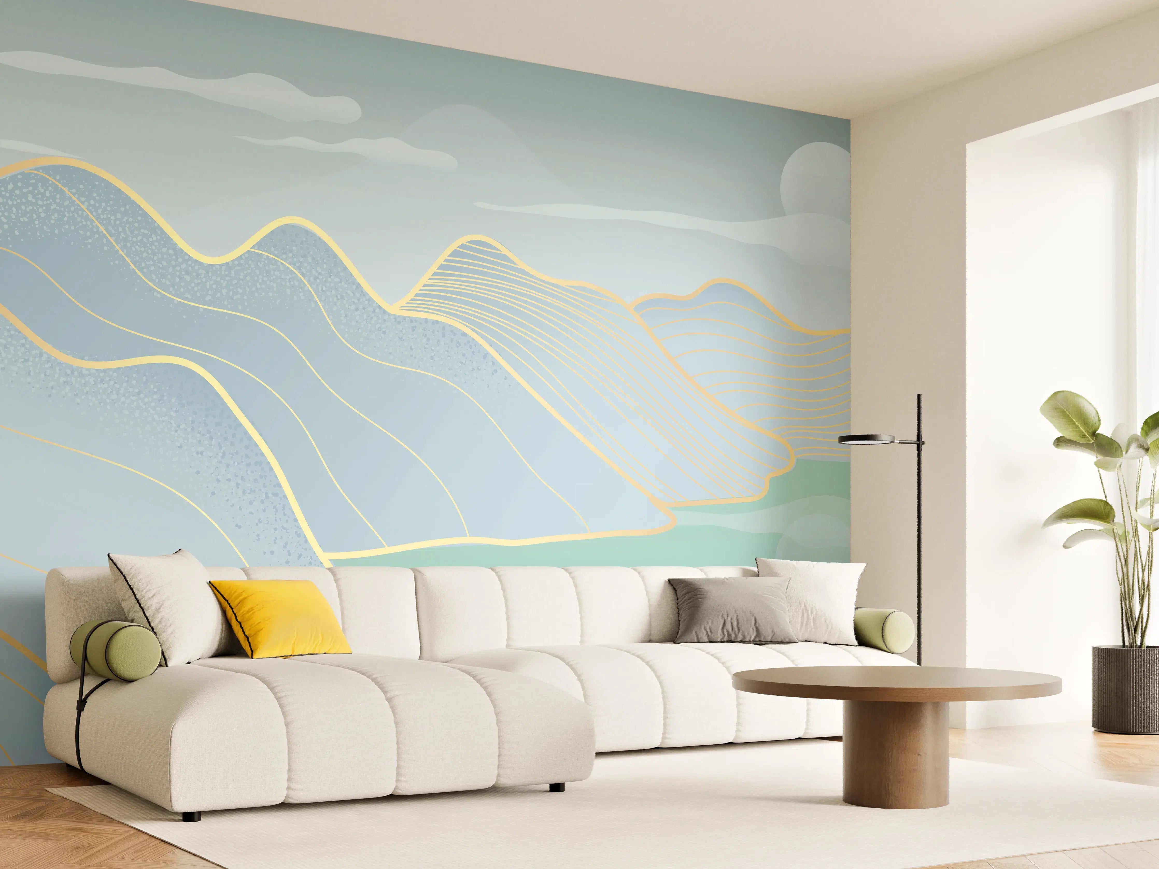 Wandverkleidung Wohnzimmer - Pastell Berge und See Panorama