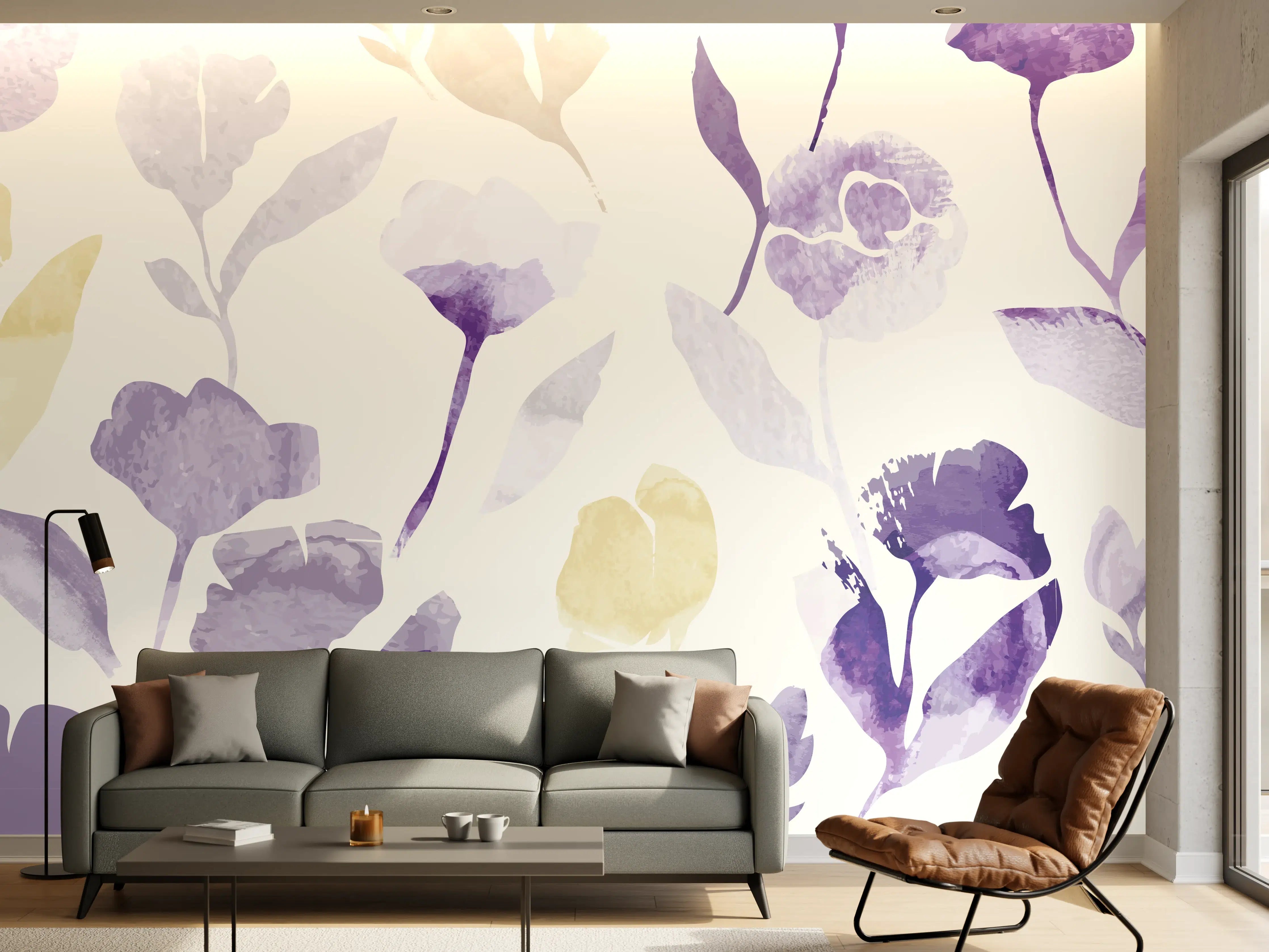 Wandverkleidung Wohnzimmer - Pastell Blumen Aquarell Design