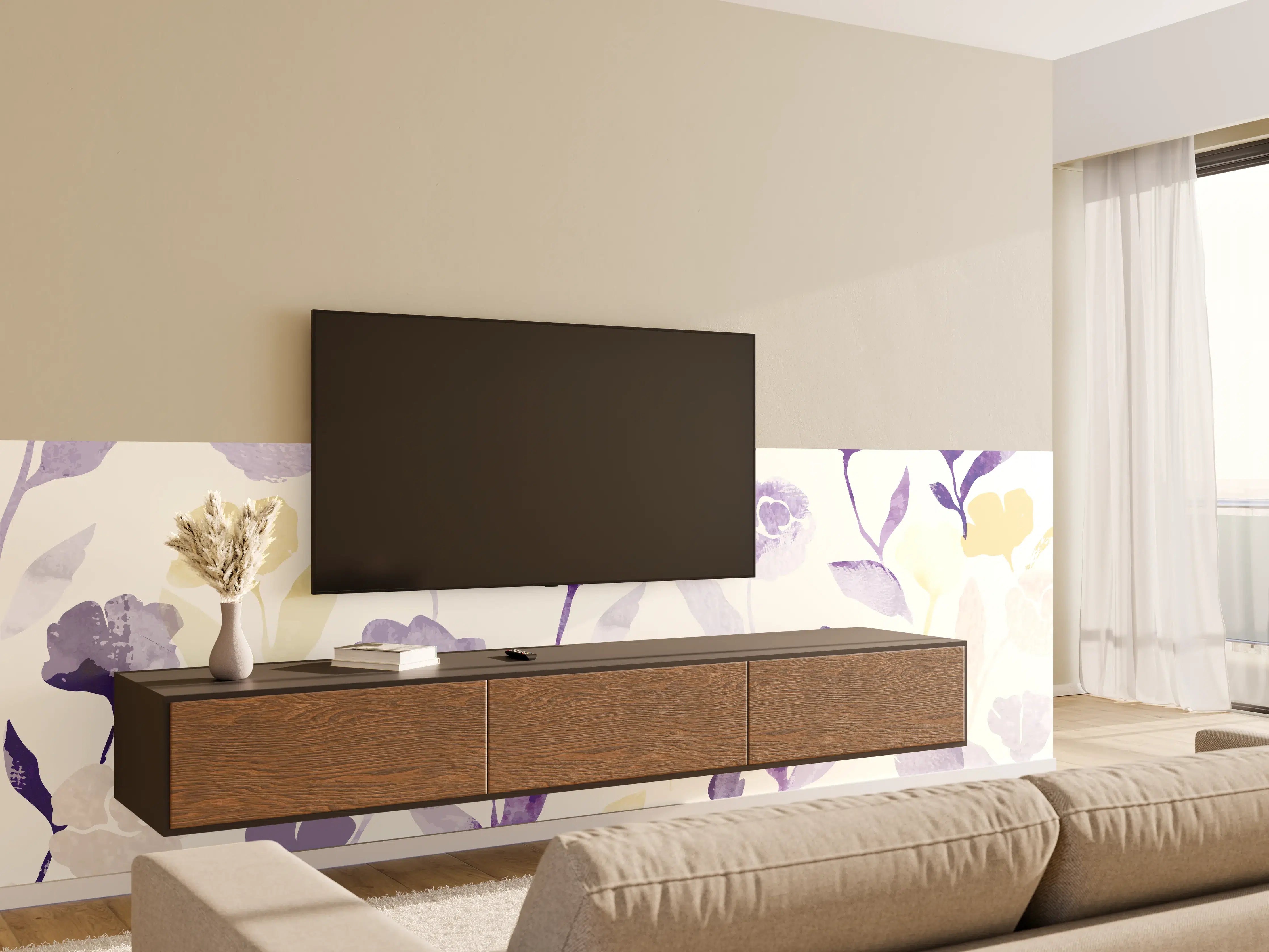 Wandverkleidung Wohnzimmer - Pastell Blumen Aquarell Design