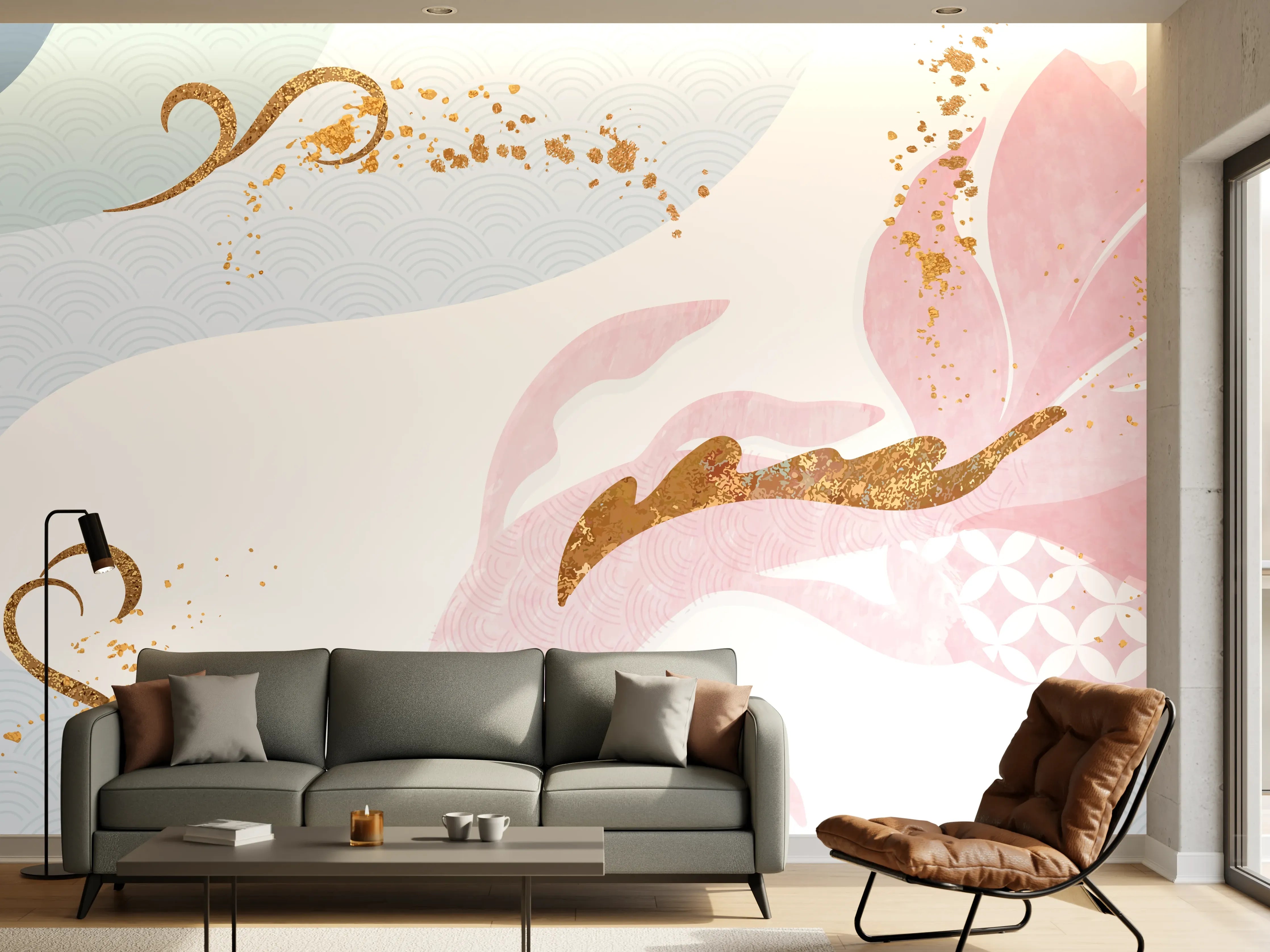 Wandverkleidung Wohnzimmer - Pastell-Blumenmuster Goldakzente