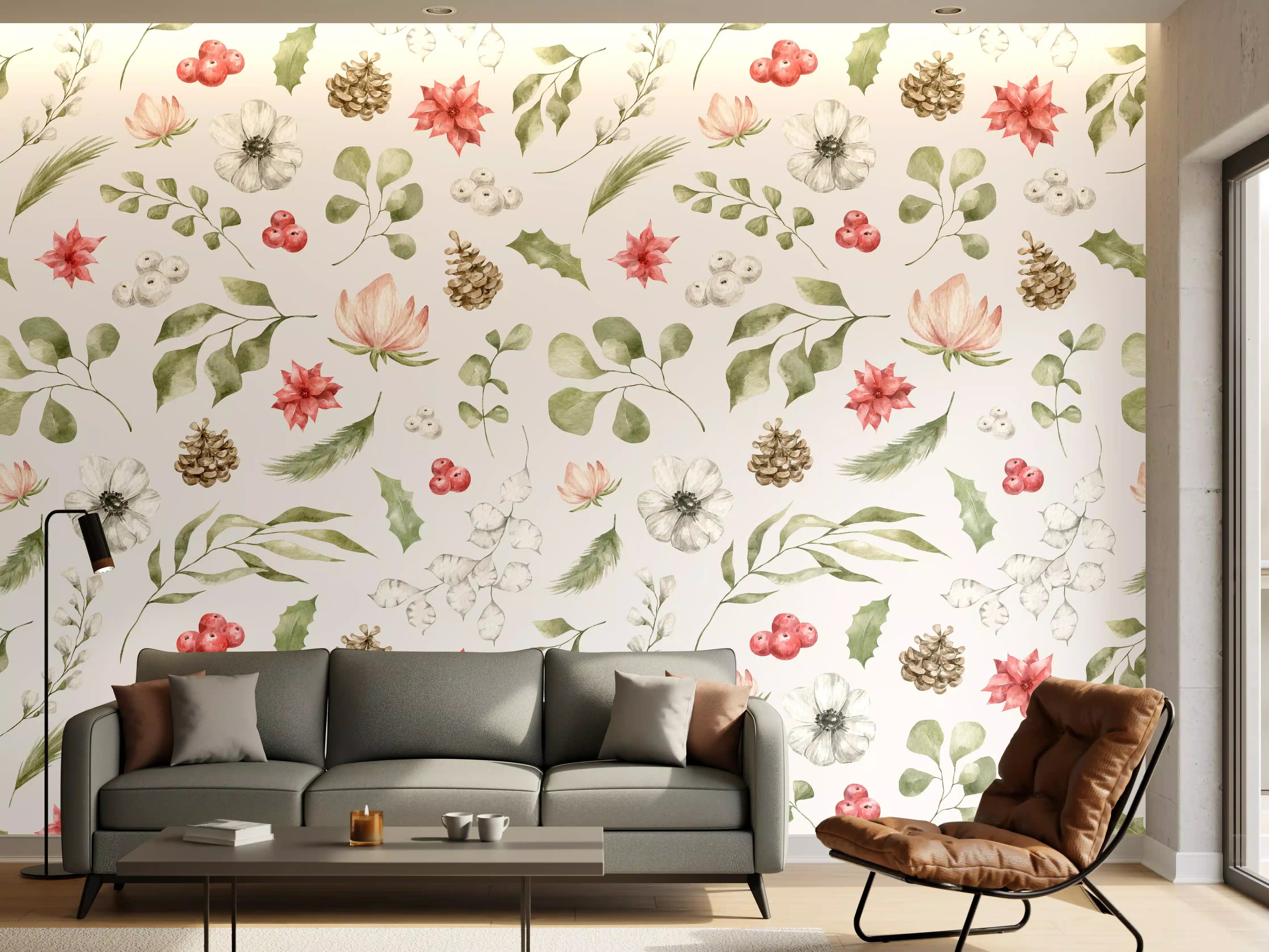 Wandverkleidung Wohnzimmer - Pastell Blumenmuster Weiß-Grün-Rosa