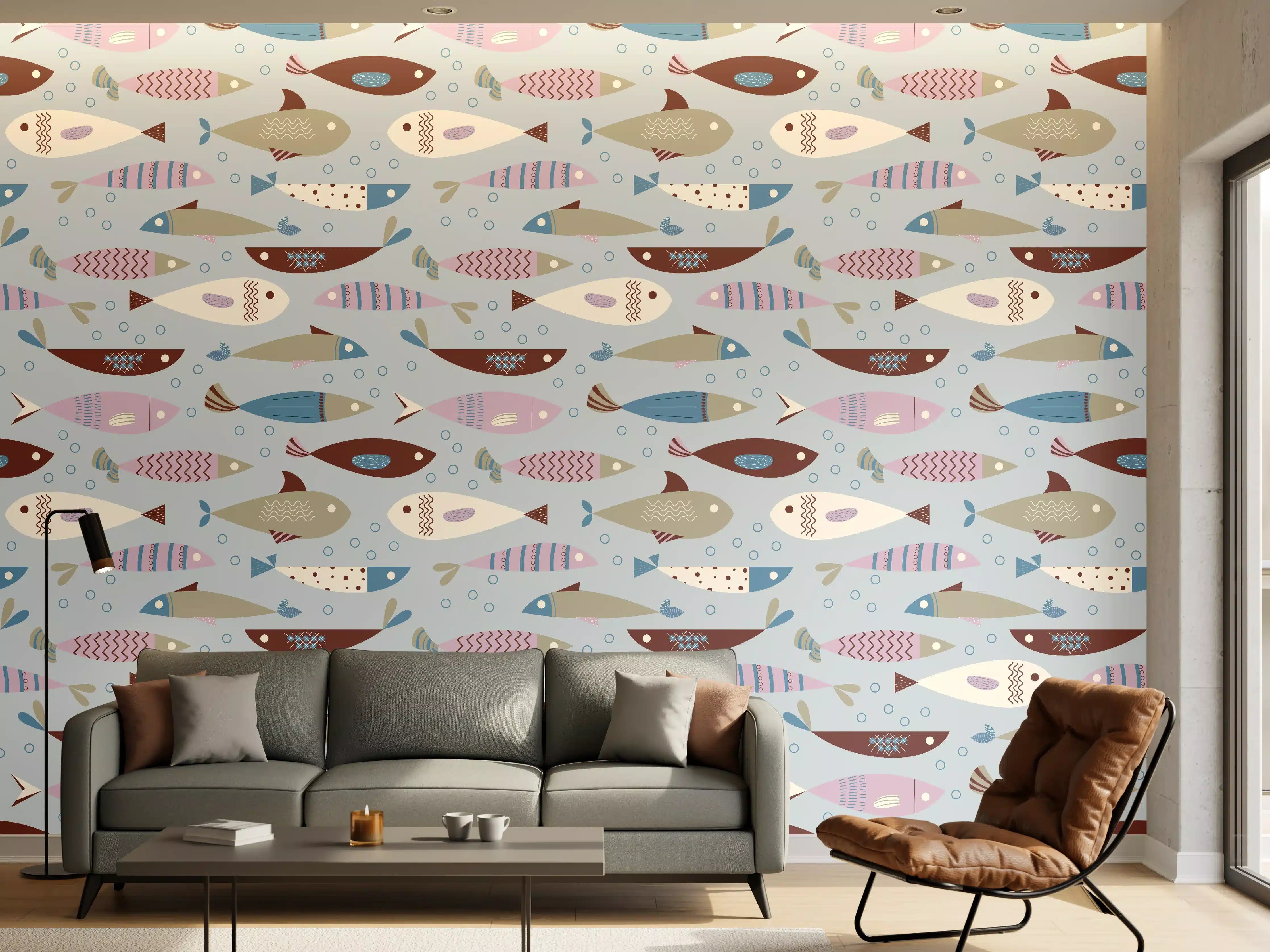 Wandverkleidung Wohnzimmer - Pastell-Fischmuster Blau Beige