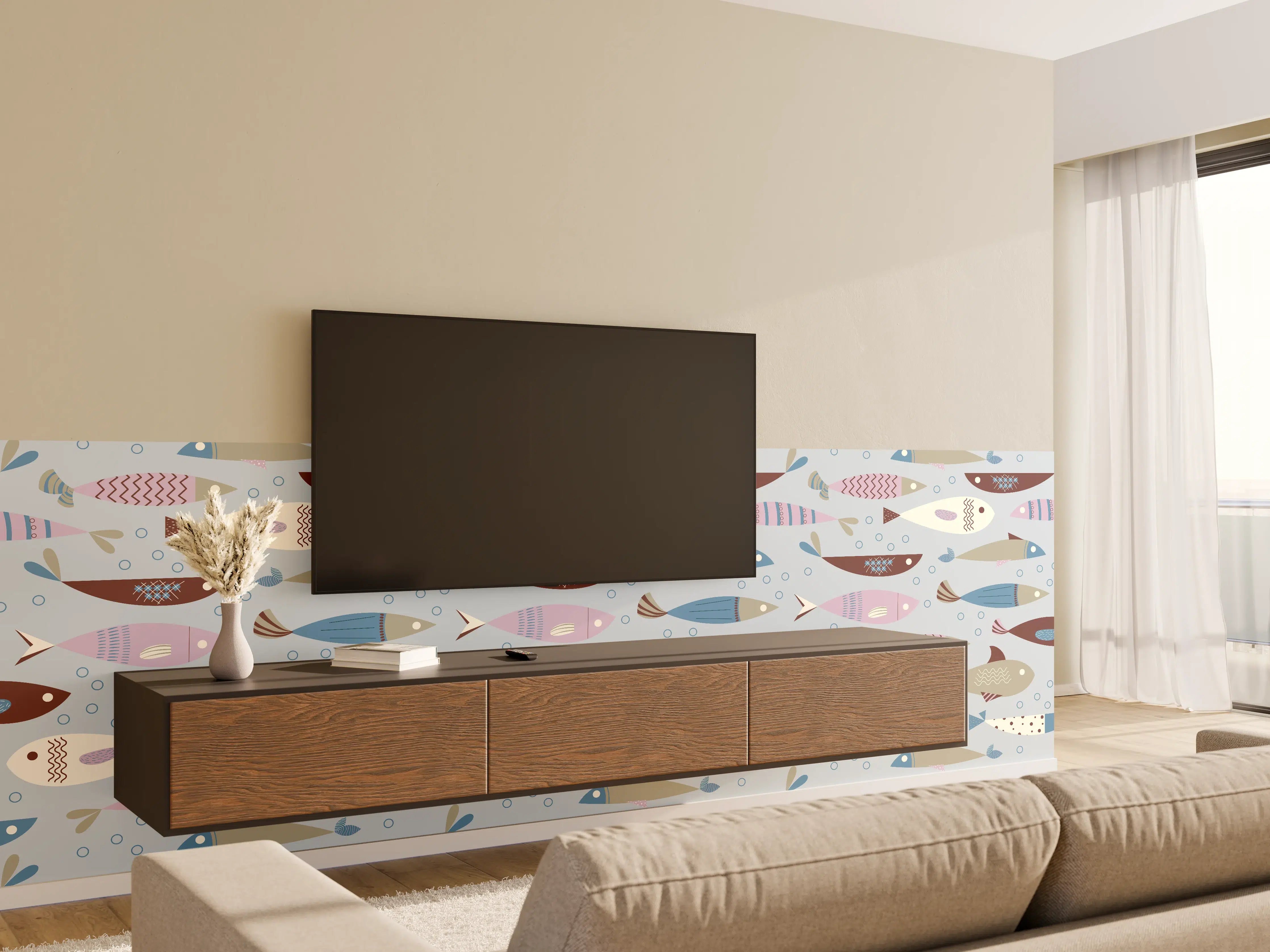 Wandverkleidung Wohnzimmer - Pastell-Fischmuster Blau Beige