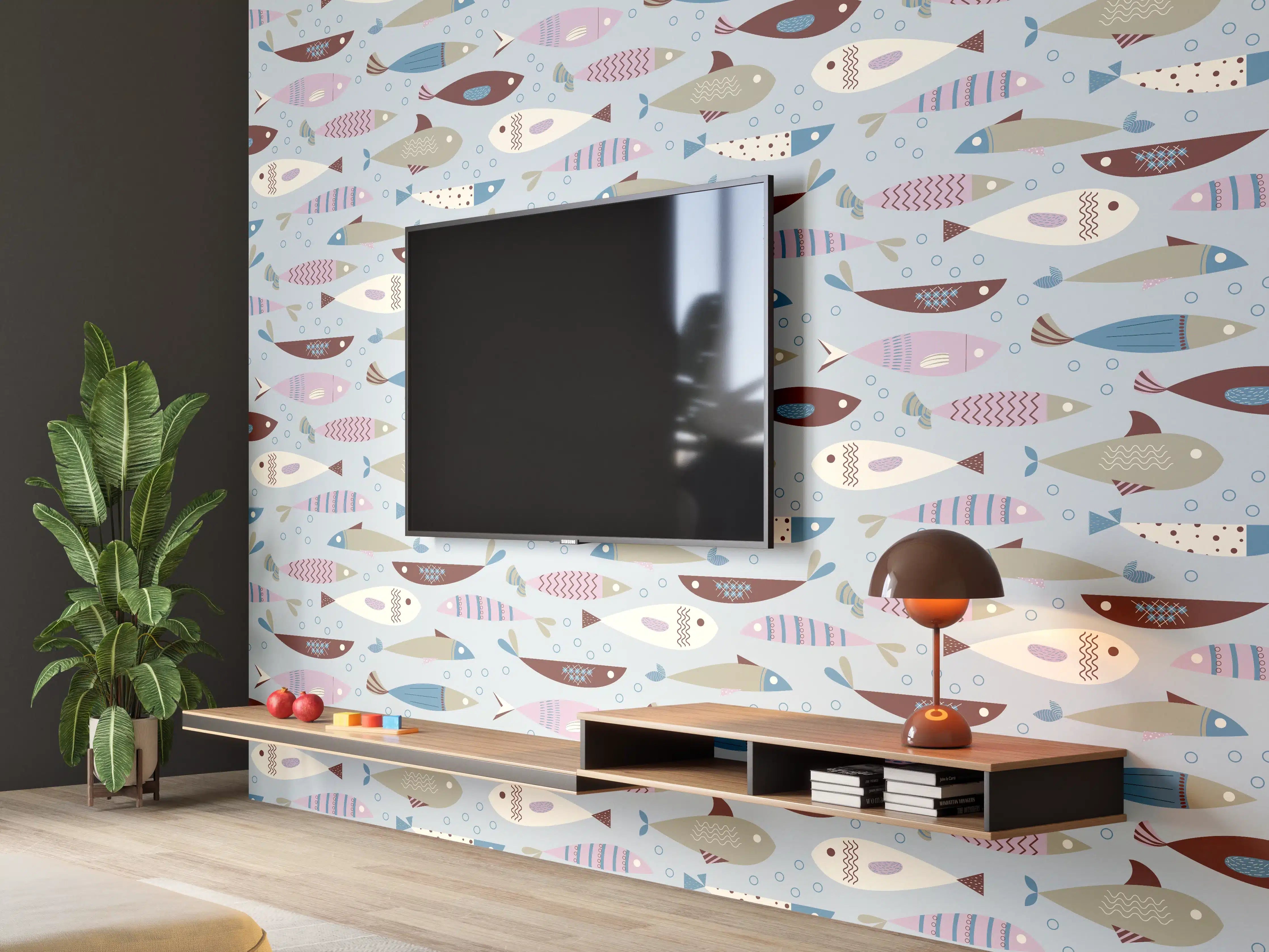 Wandverkleidung Wohnzimmer - Pastell-Fischmuster Blau Beige