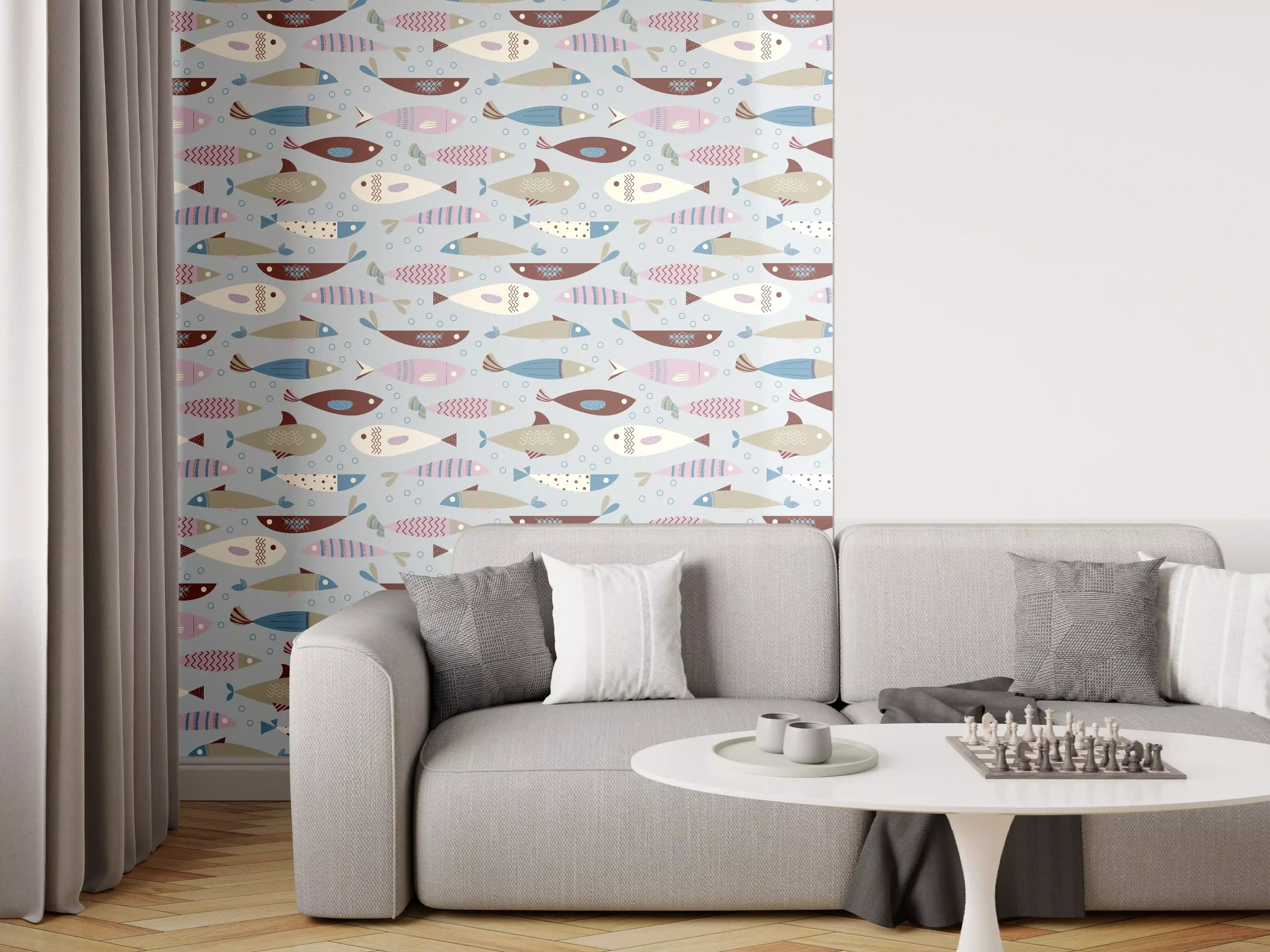 Wandverkleidung Wohnzimmer - Pastell-Fischmuster Blau Beige