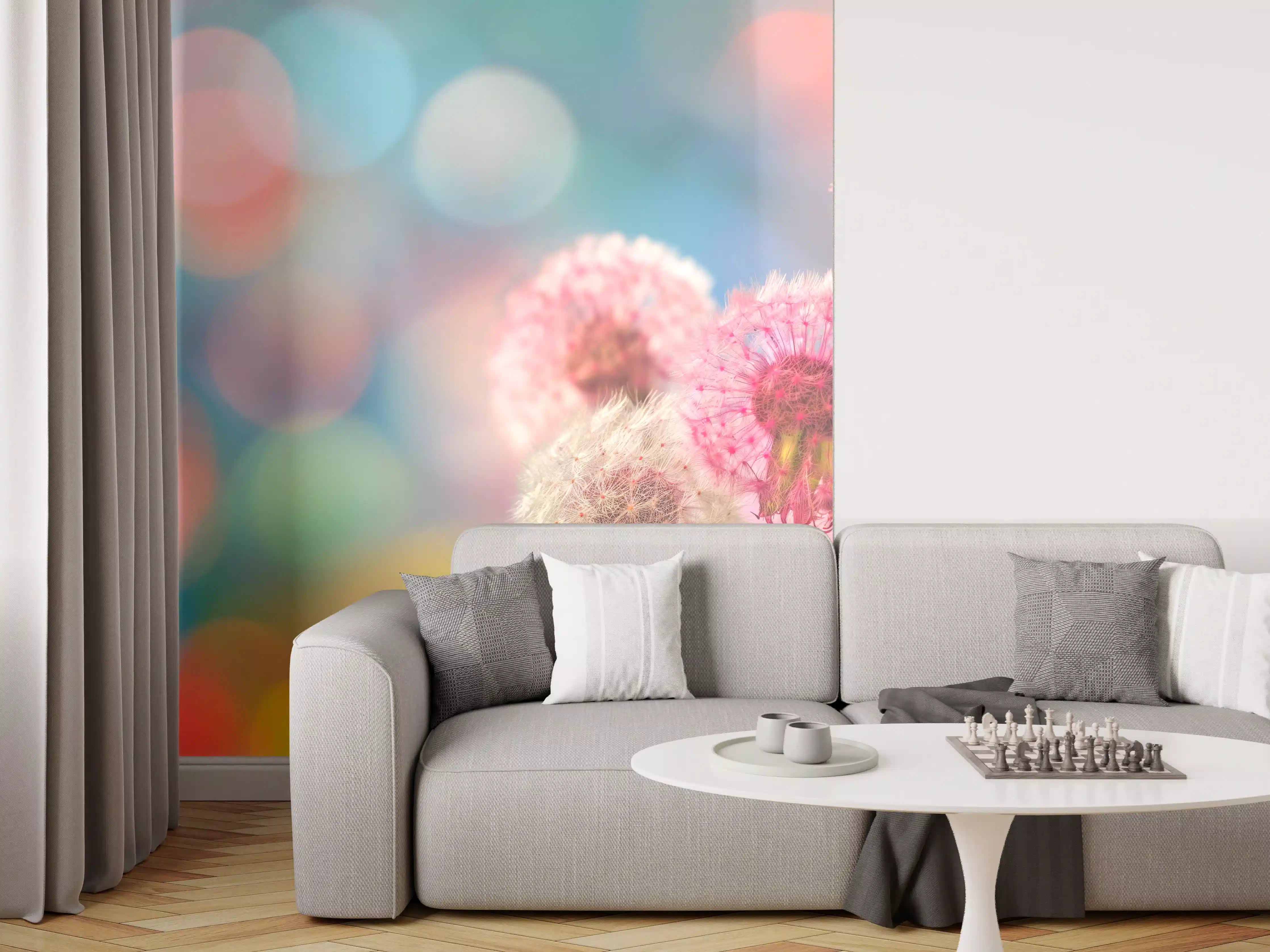 Wandverkleidung Wohnzimmer - Pastell-Pusteblumen im Bokeh