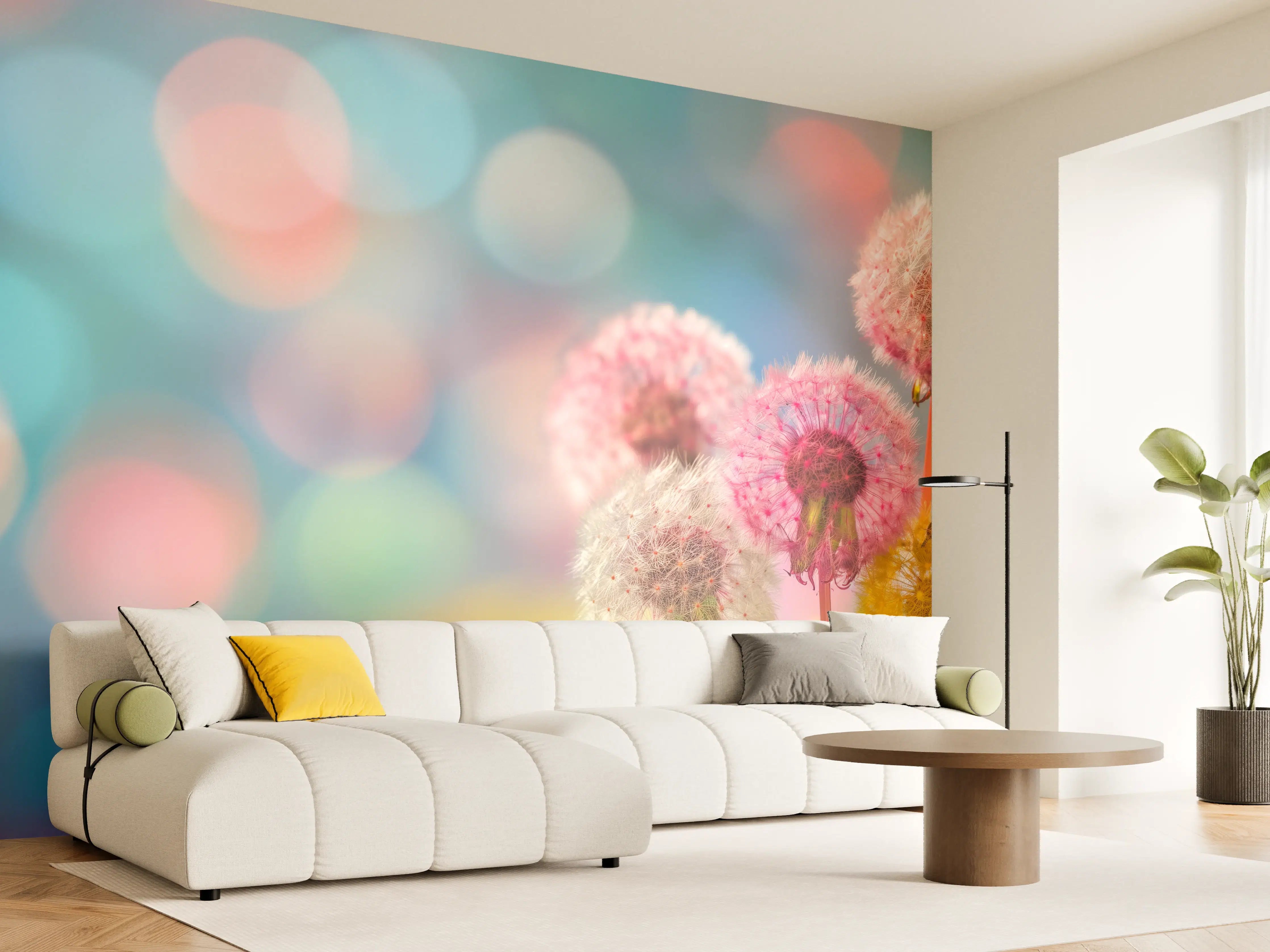Wandverkleidung Wohnzimmer - Pastell-Pusteblumen im Bokeh