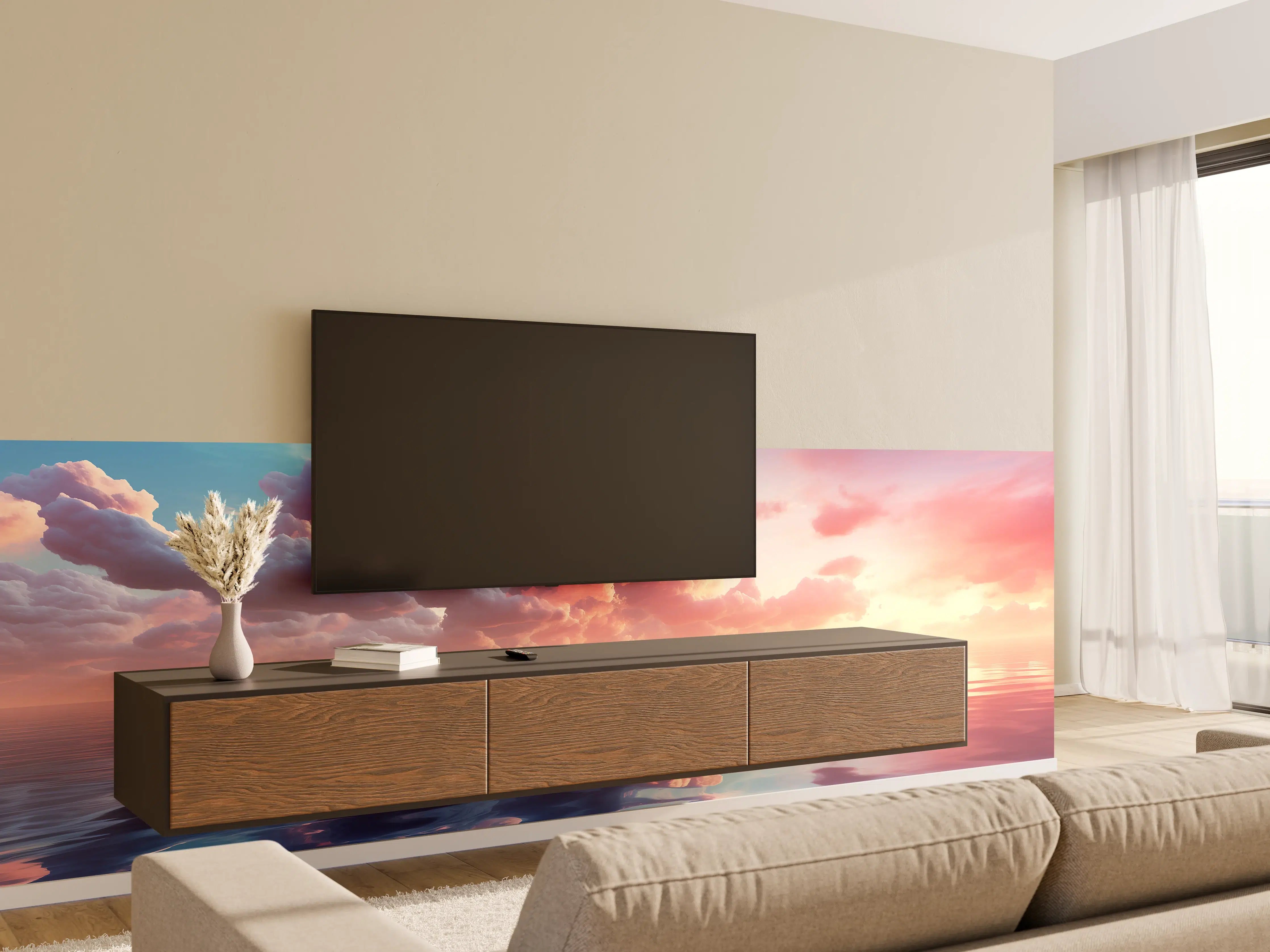 Wandverkleidung Wohnzimmer - Pastell-Sonnenuntergang über Meer