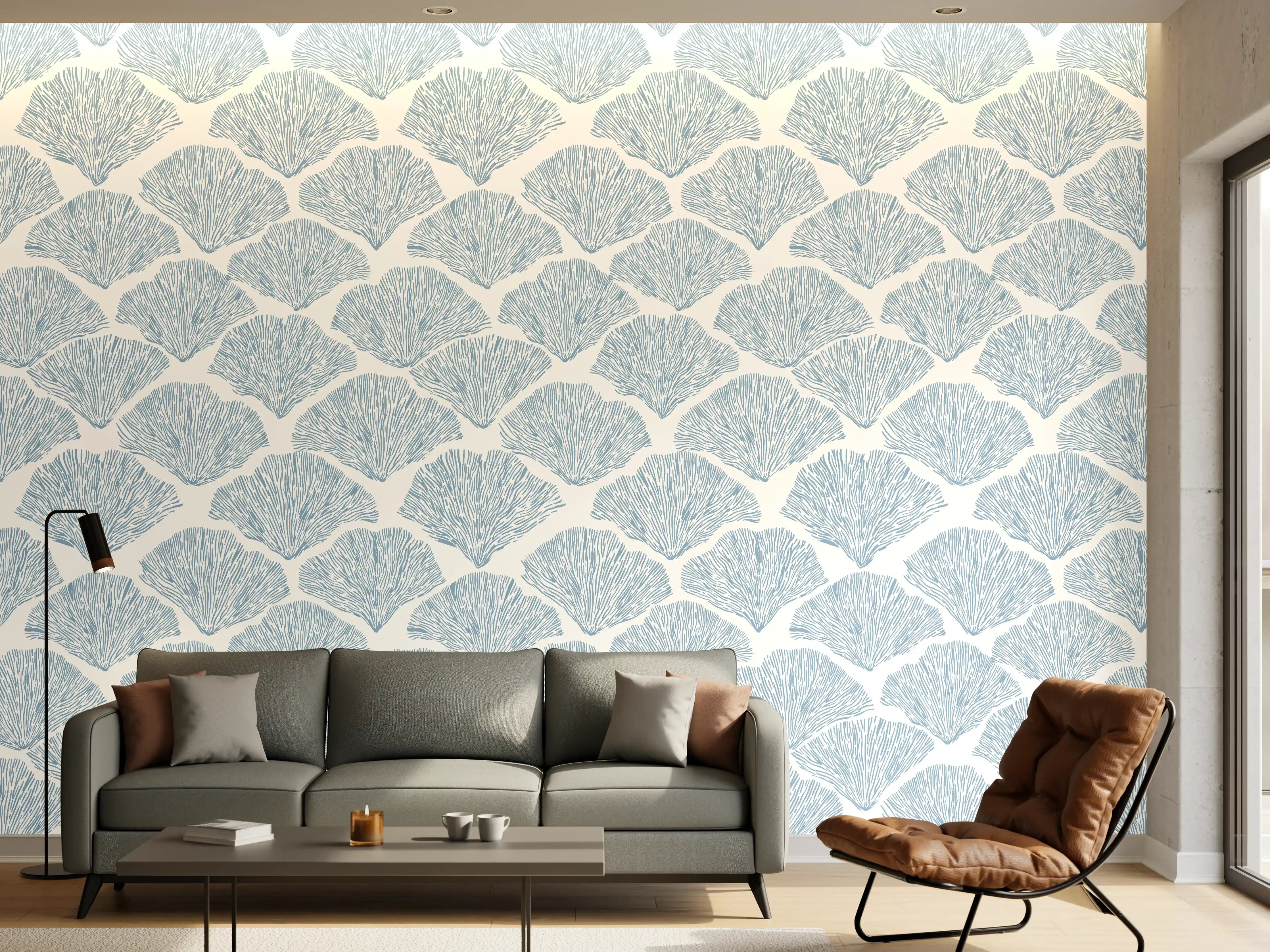 Wandverkleidung Wohnzimmer - Pastellblaues Korallenfächer-Muster