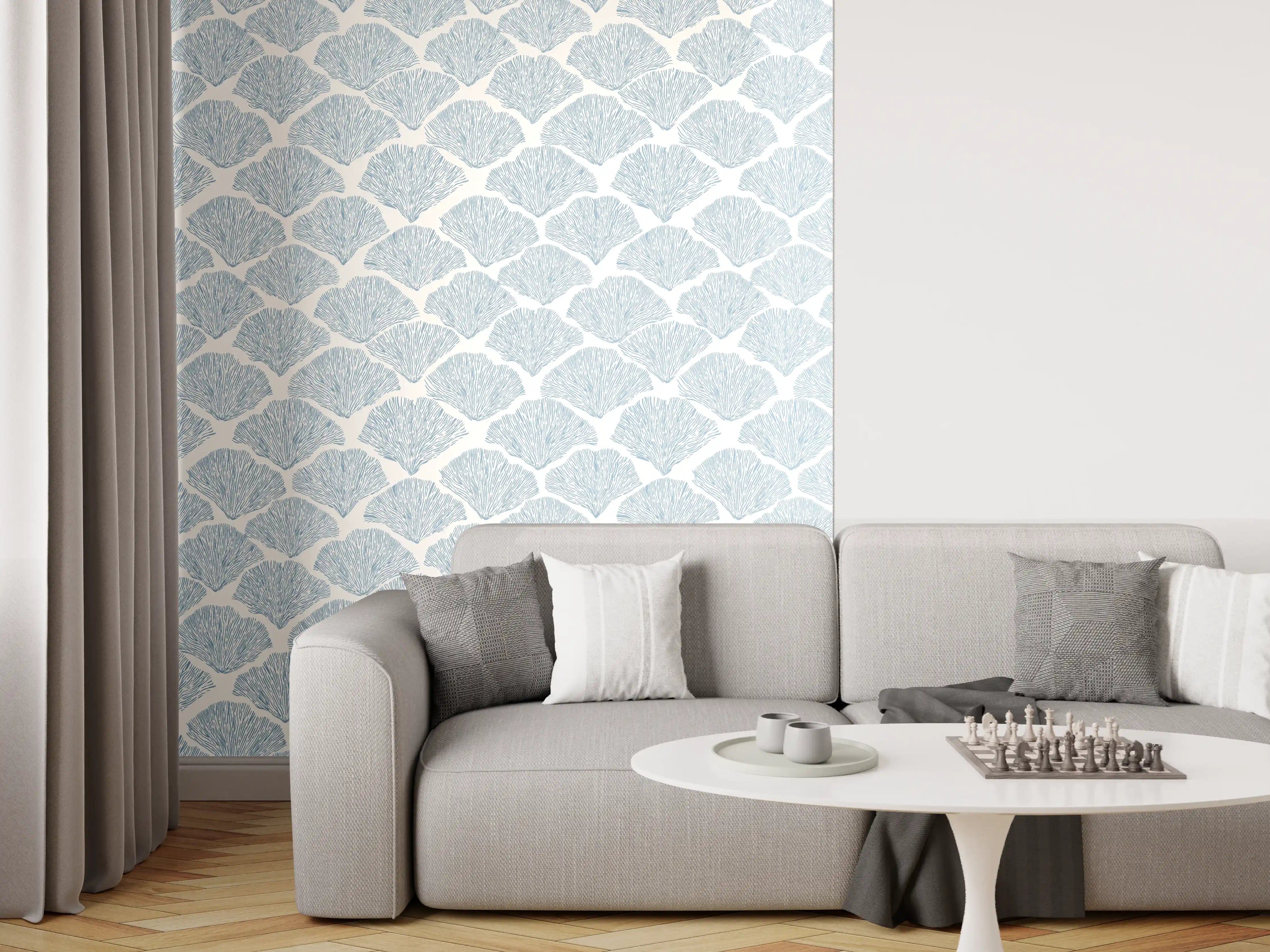 Wandverkleidung Wohnzimmer - Pastellblaues Korallenfächer-Muster