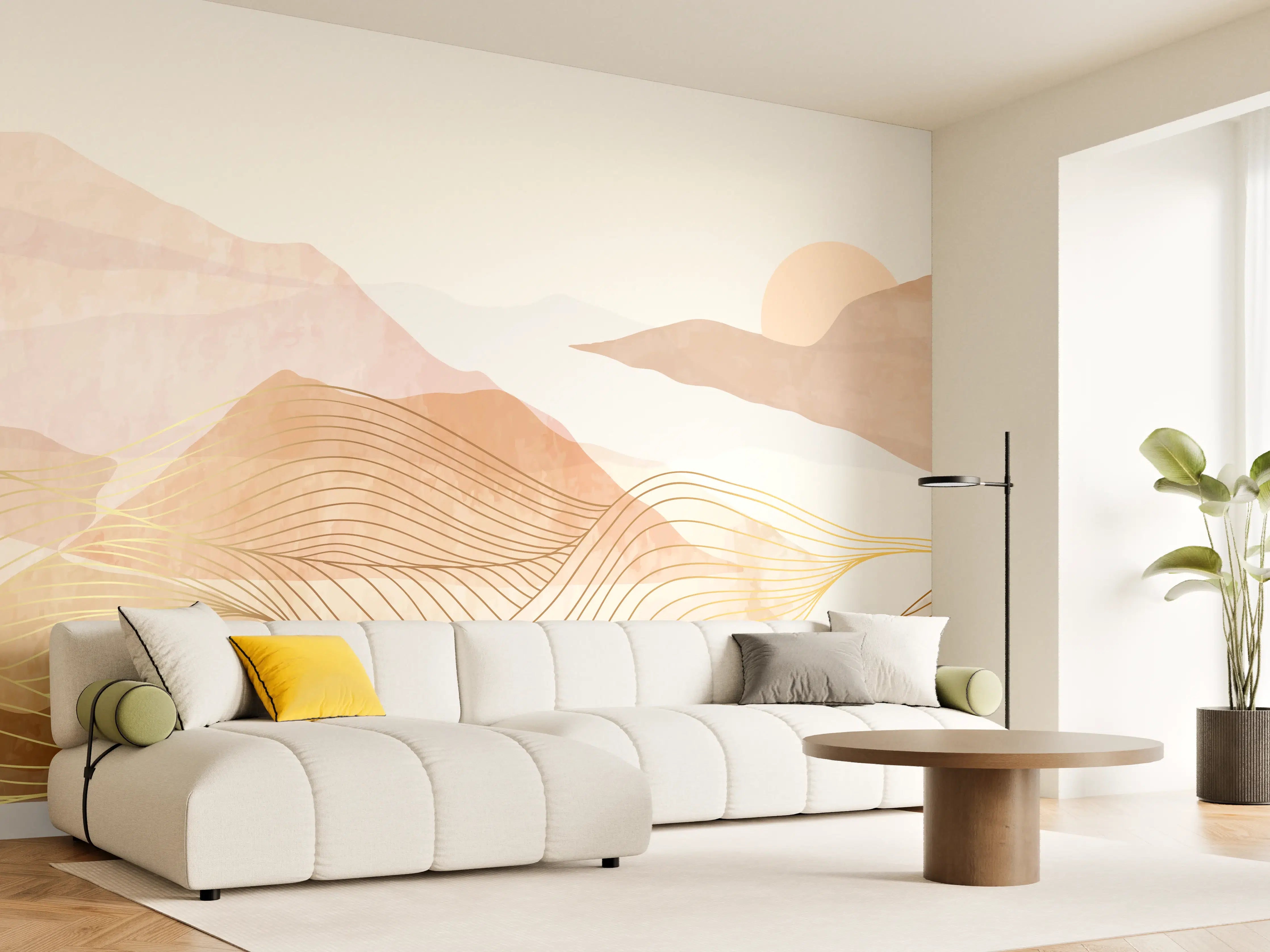 Wandverkleidung Wohnzimmer - Pastellfarbene Hügellandschaft