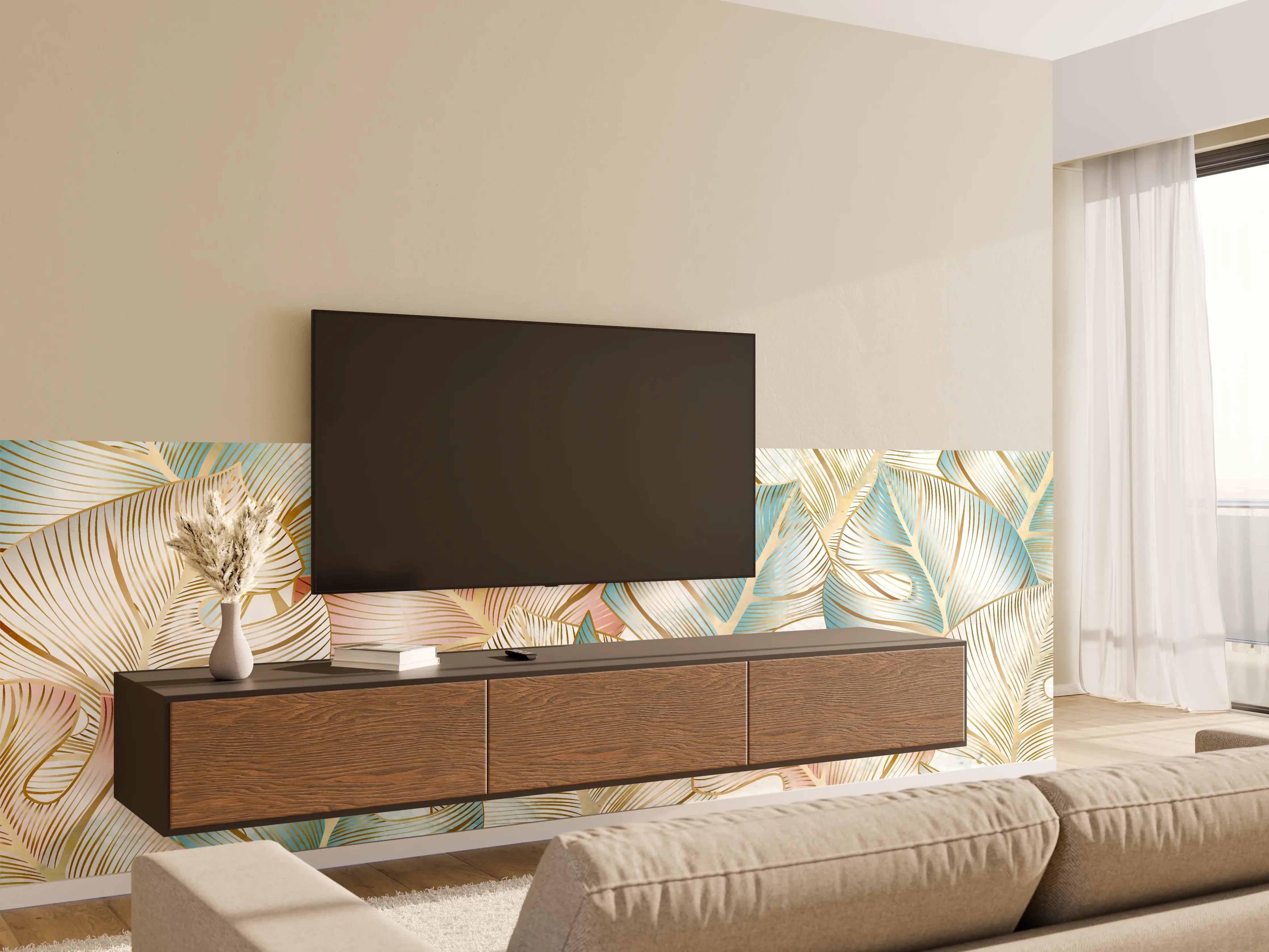 Wandverkleidung Wohnzimmer - Pastellfarbenes Blattmuster Design