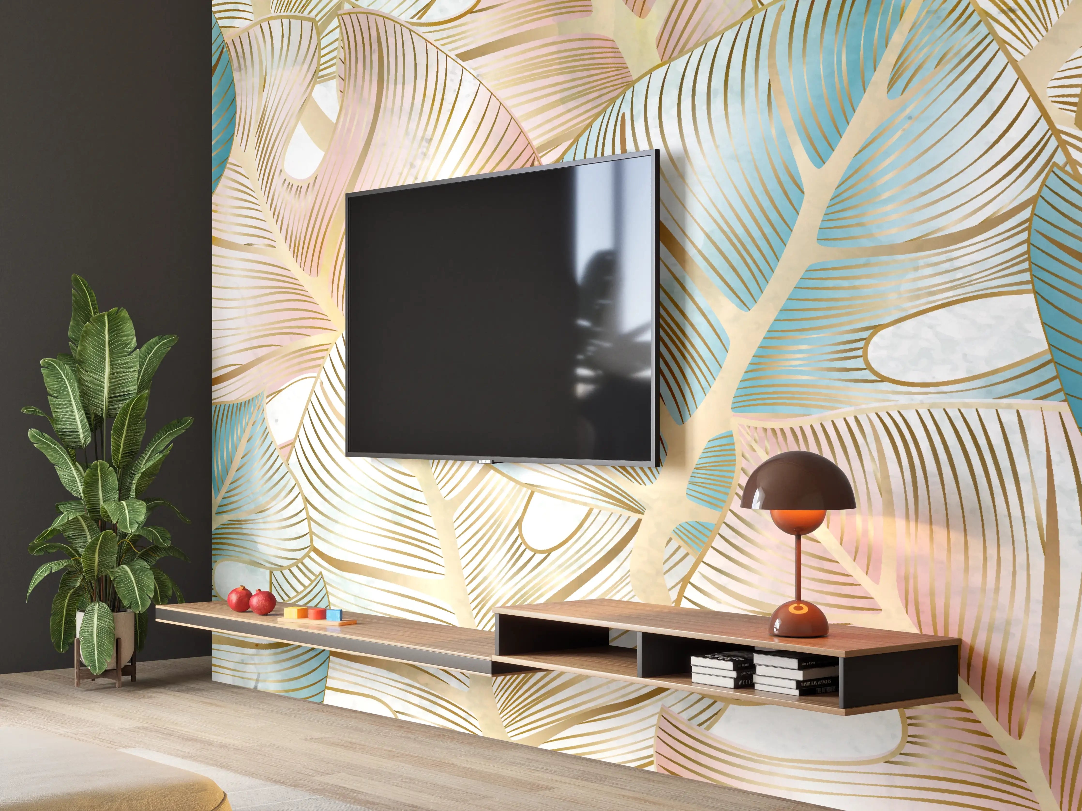 Wandverkleidung Wohnzimmer - Pastellfarbenes Blattmuster Design