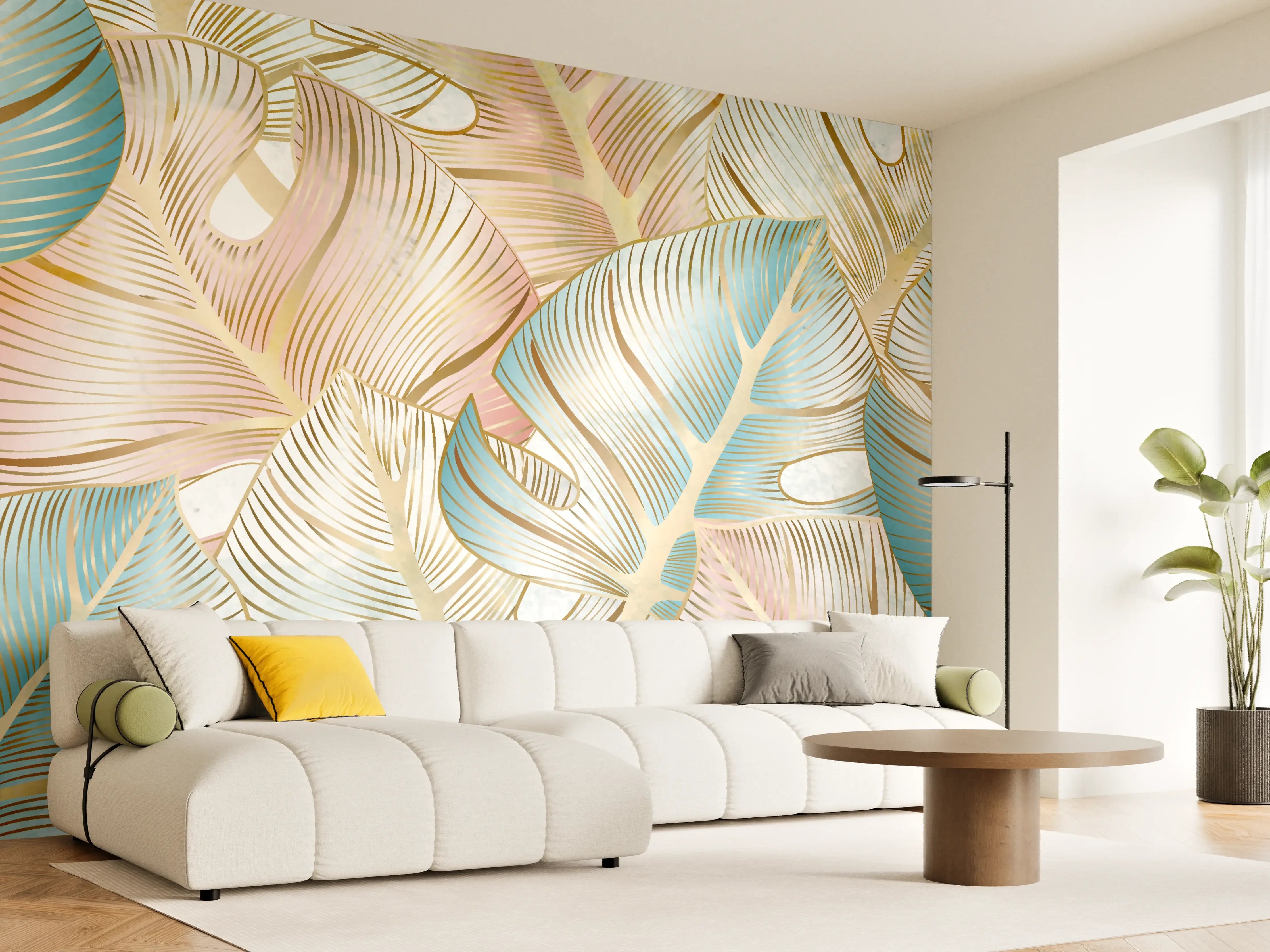 Wandverkleidung Wohnzimmer - Pastellfarbenes Blattmuster Design