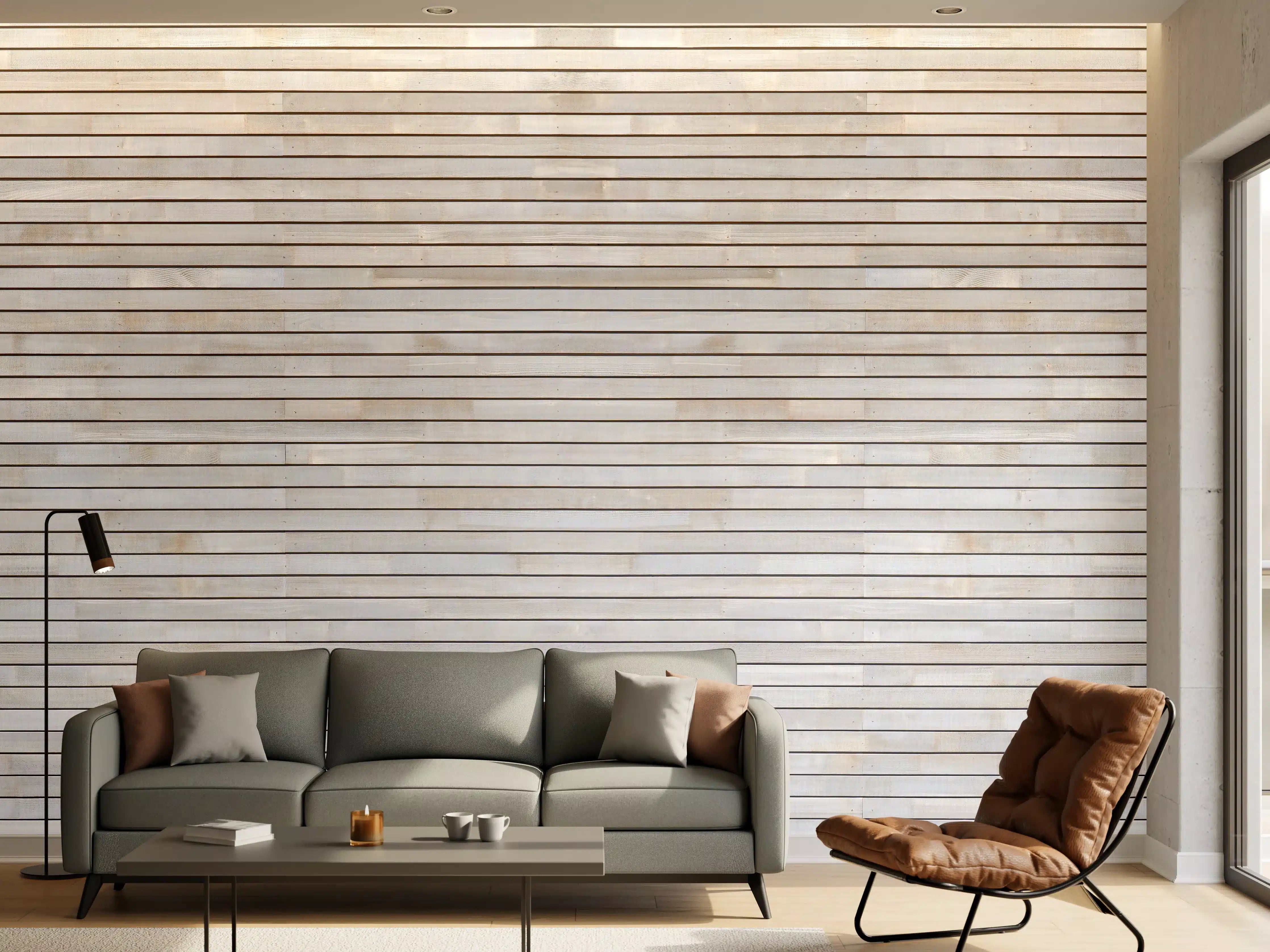 Wandverkleidung Wohnzimmer - Pastellfarbige Holzfassade