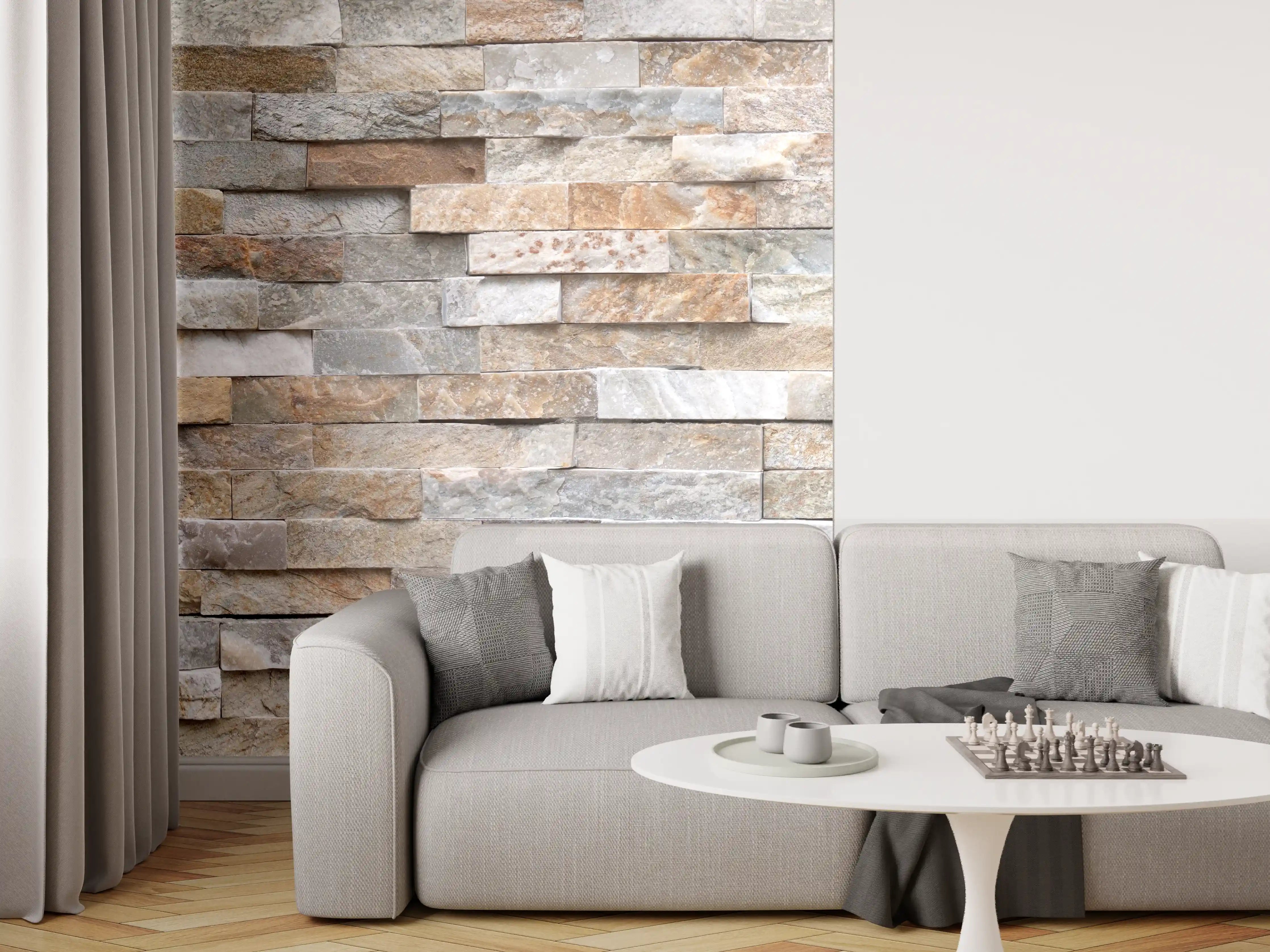 Wandverkleidung Wohnzimmer - Pastellfarbige Steinmauer