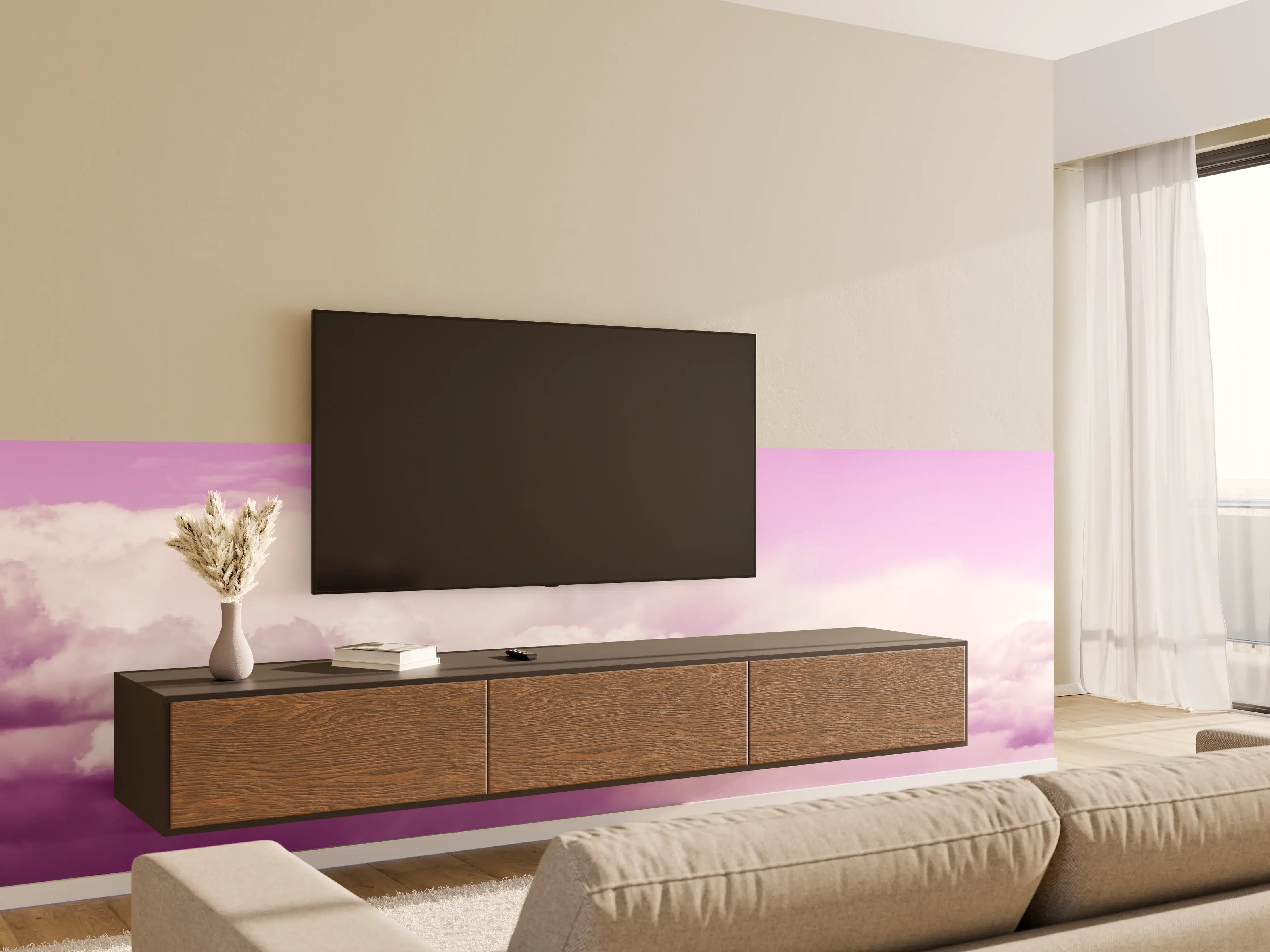 Wandverkleidung Wohnzimmer - Pastellrosa Himmelspanorama