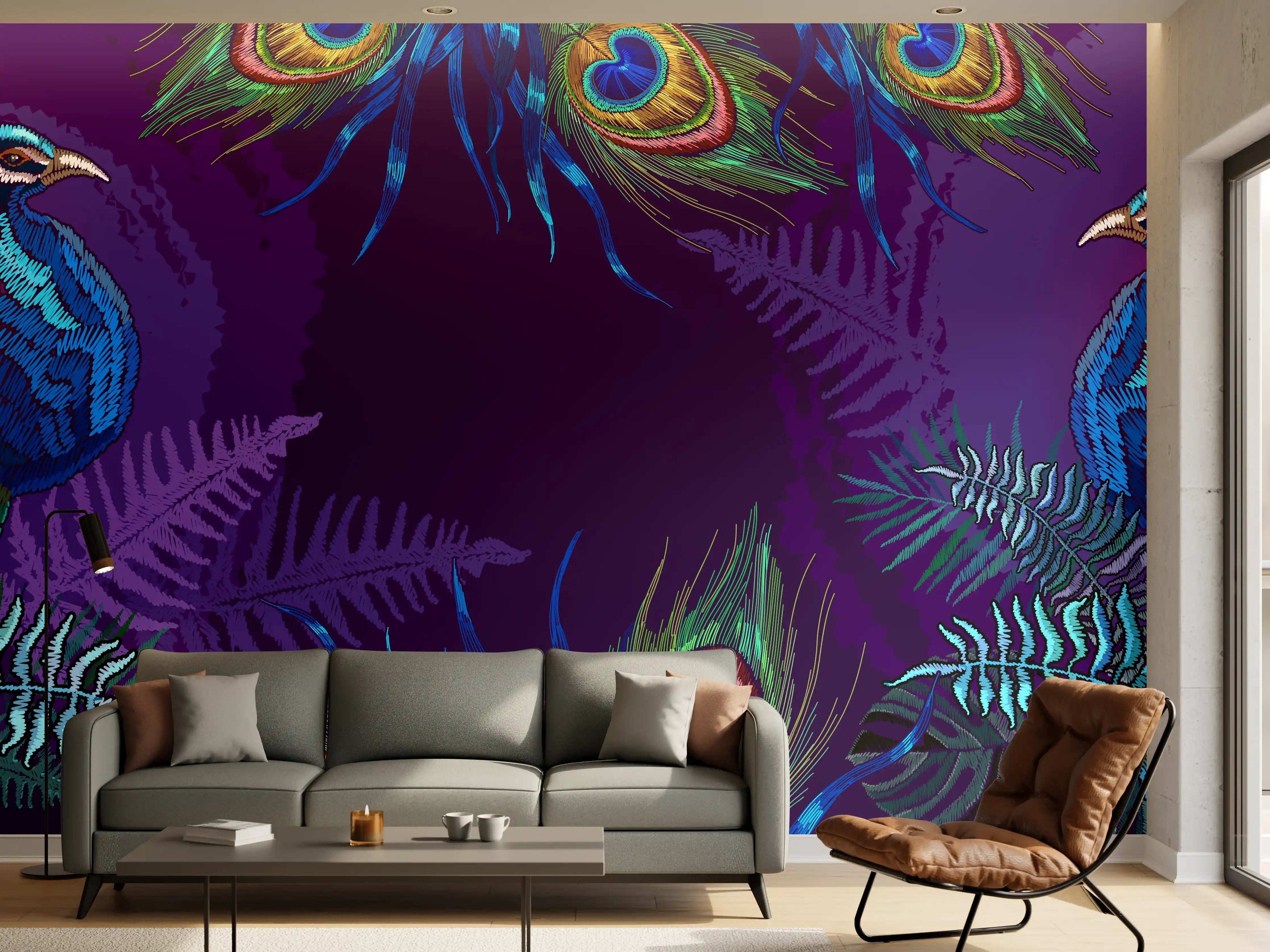 Wandverkleidung Wohnzimmer - Pfauen Stickerei Kunst