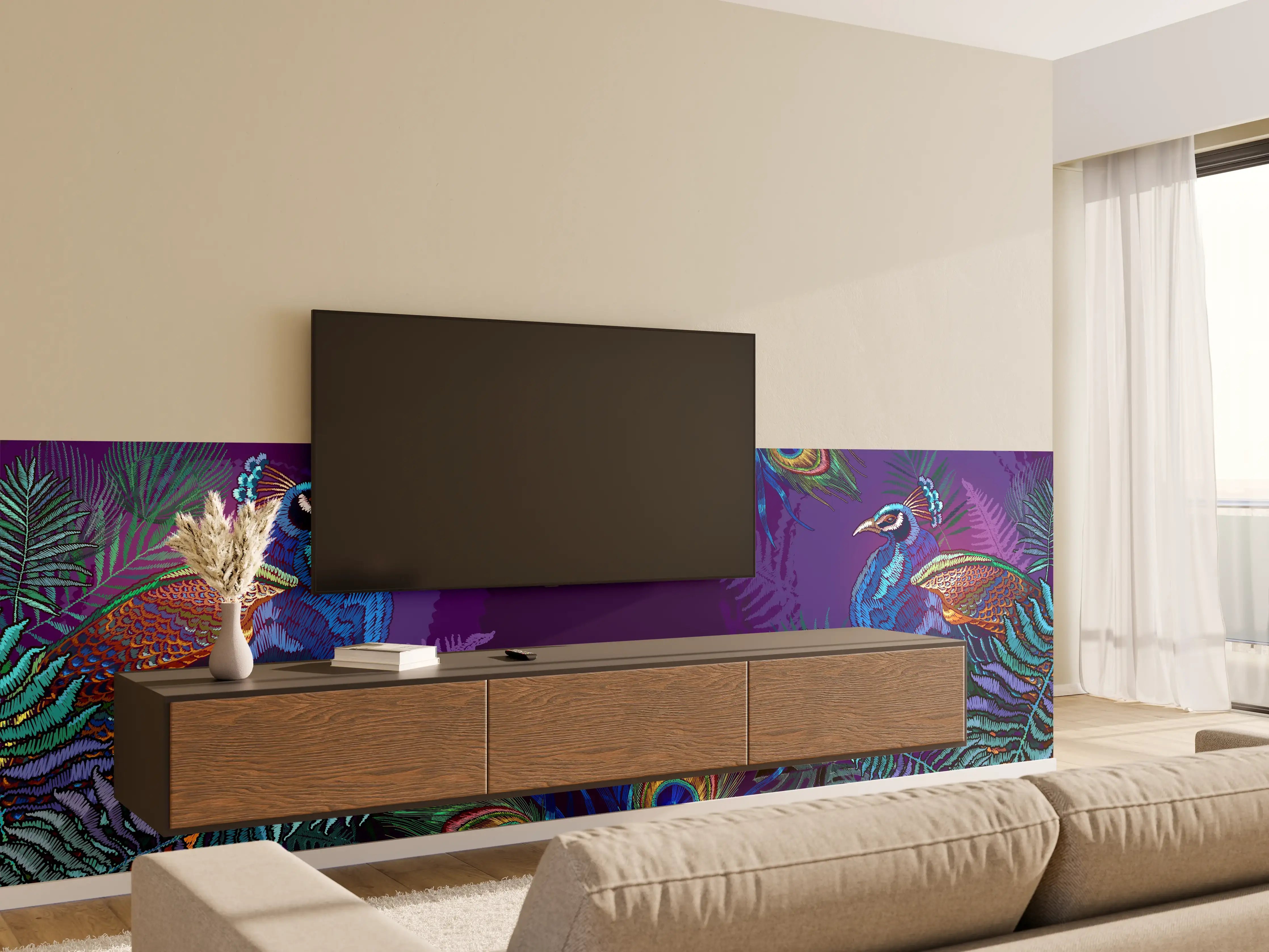 Wandverkleidung Wohnzimmer - Pfauen Stickerei Kunst