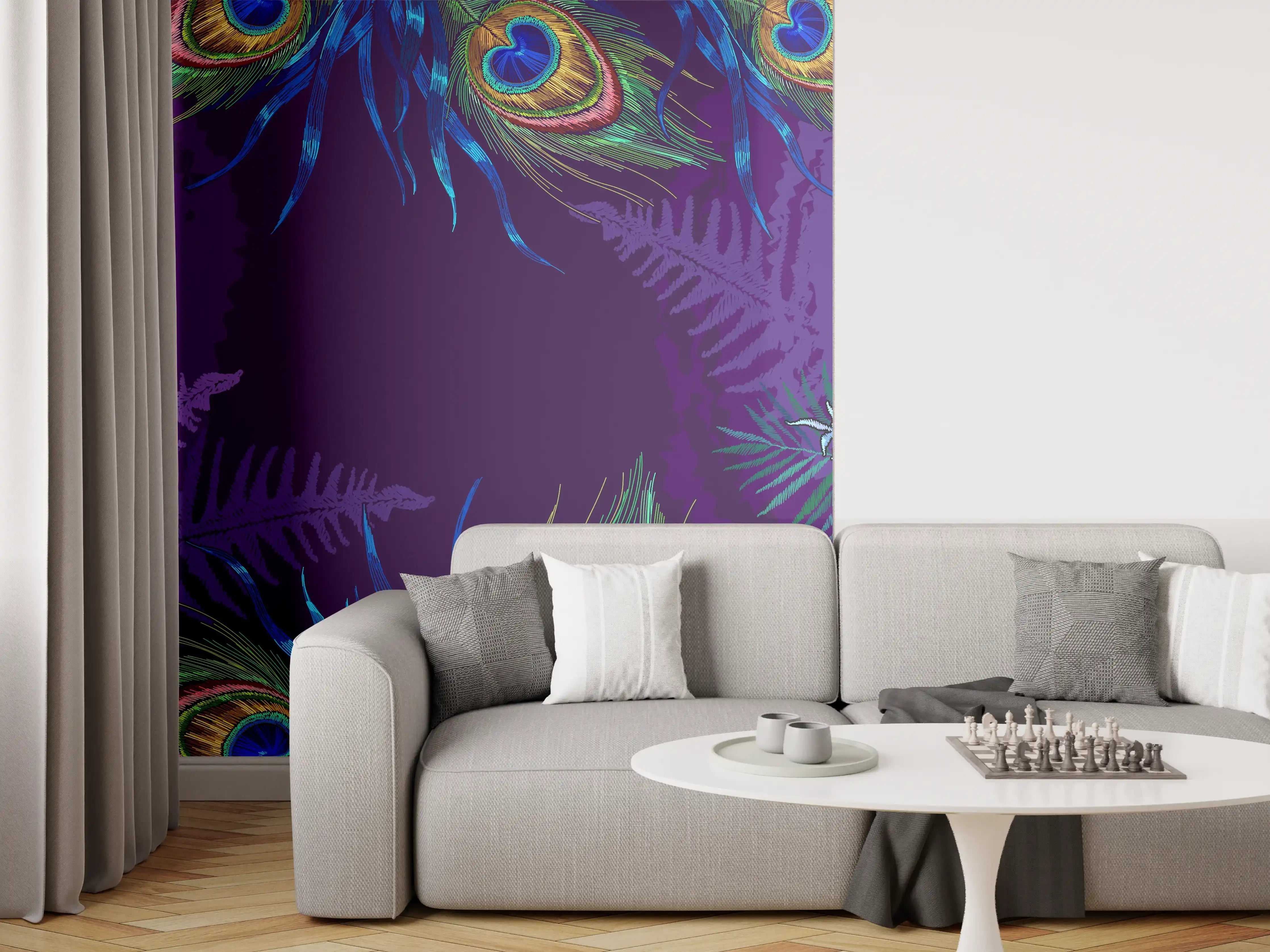 Wandverkleidung Wohnzimmer - Pfauen Stickerei Kunst