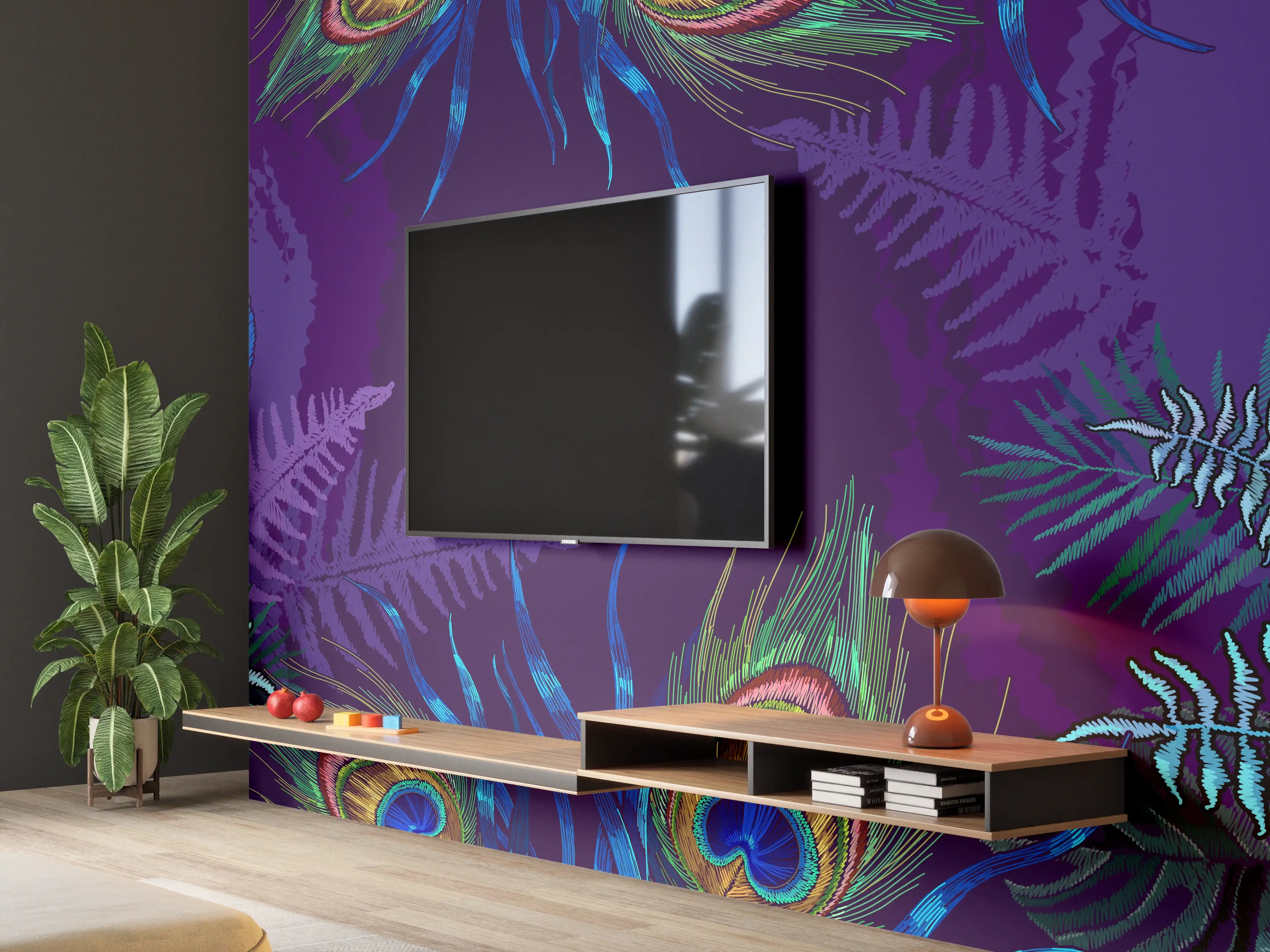 Wandverkleidung Wohnzimmer - Pfauen Stickkunst Palmenblätter