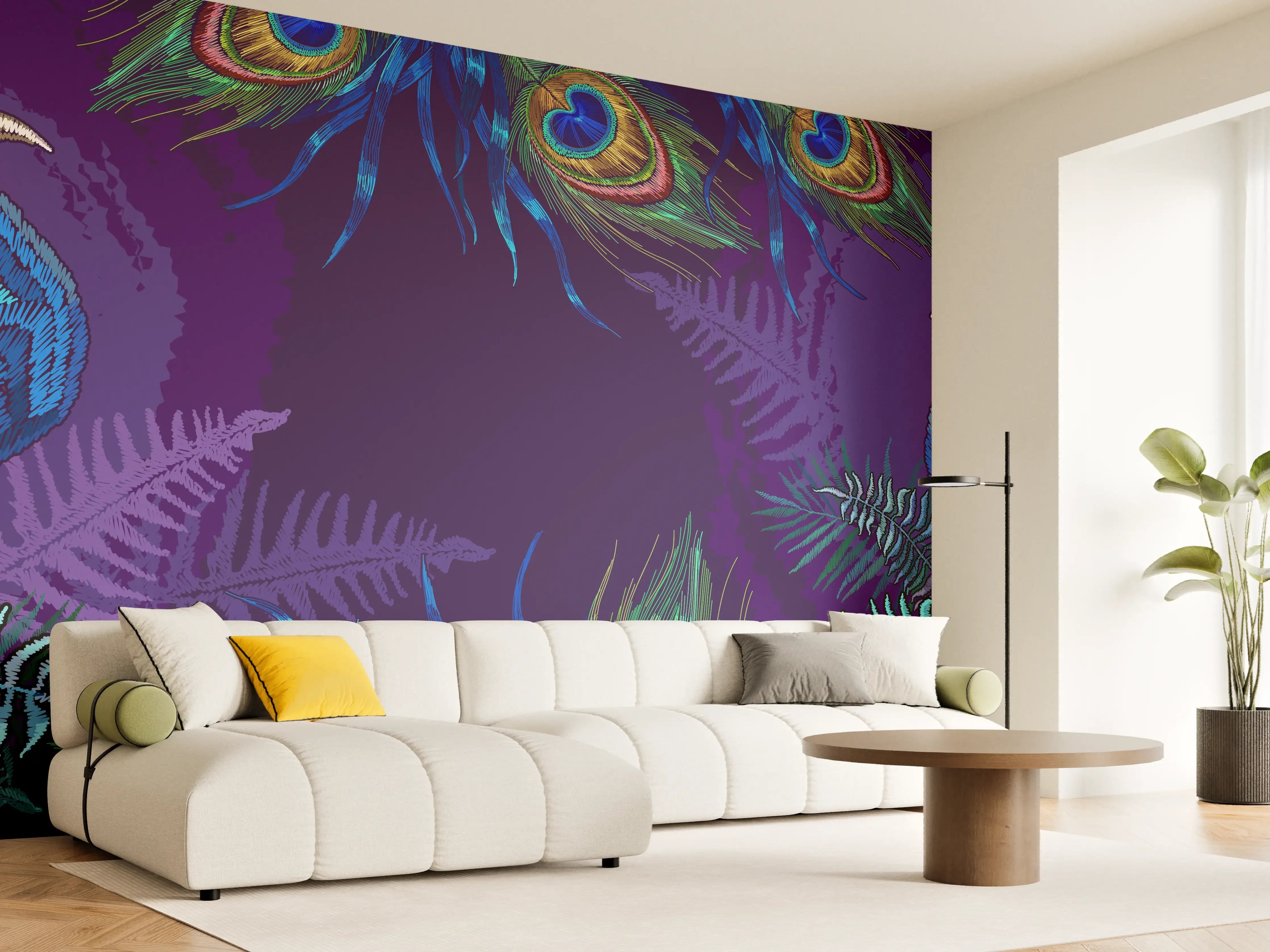 Wandverkleidung Wohnzimmer - Pfauen Stickkunst Palmenblätter