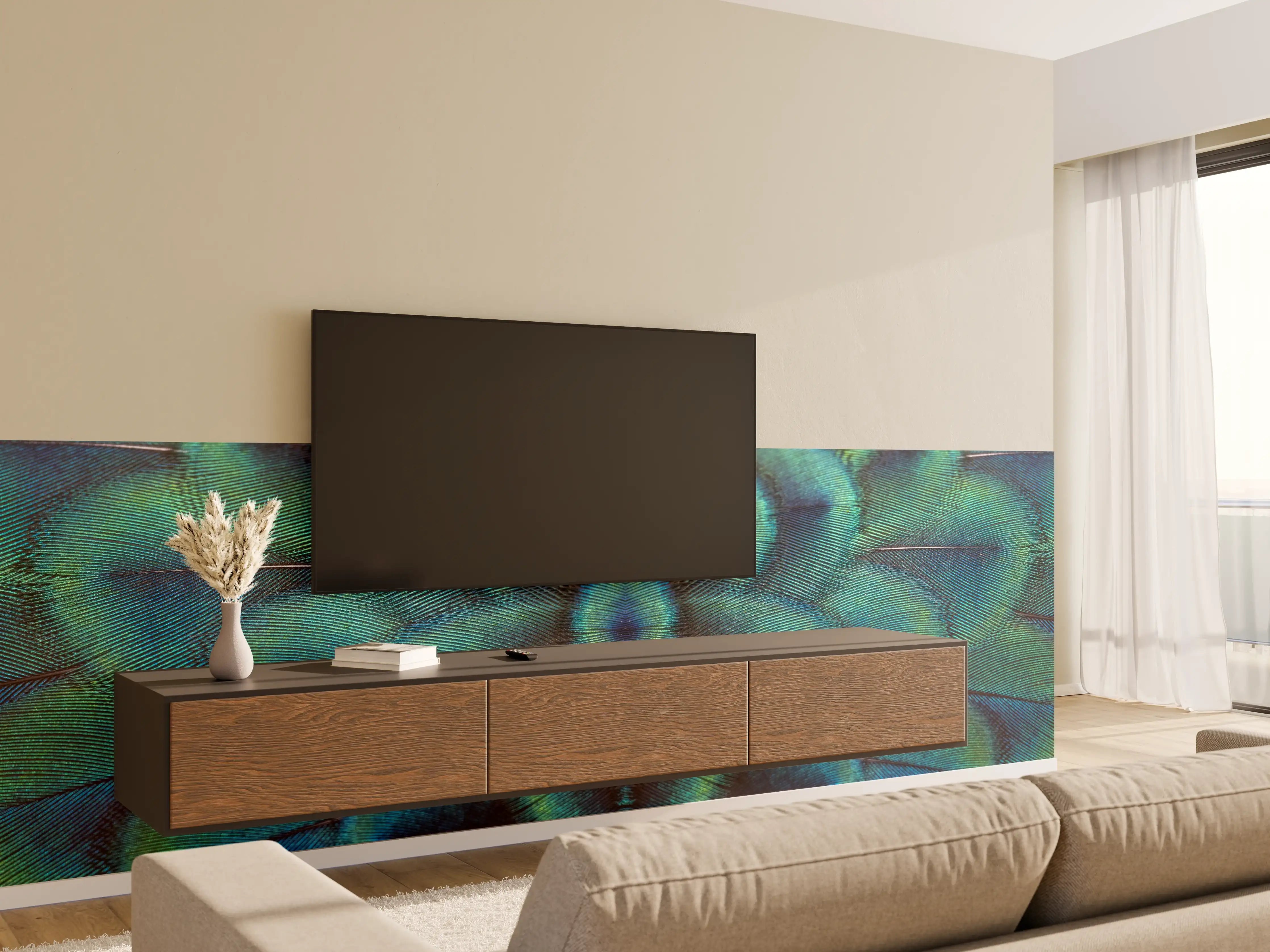 Wandverkleidung Wohnzimmer - Pfauenfedern - Nahaufnahme