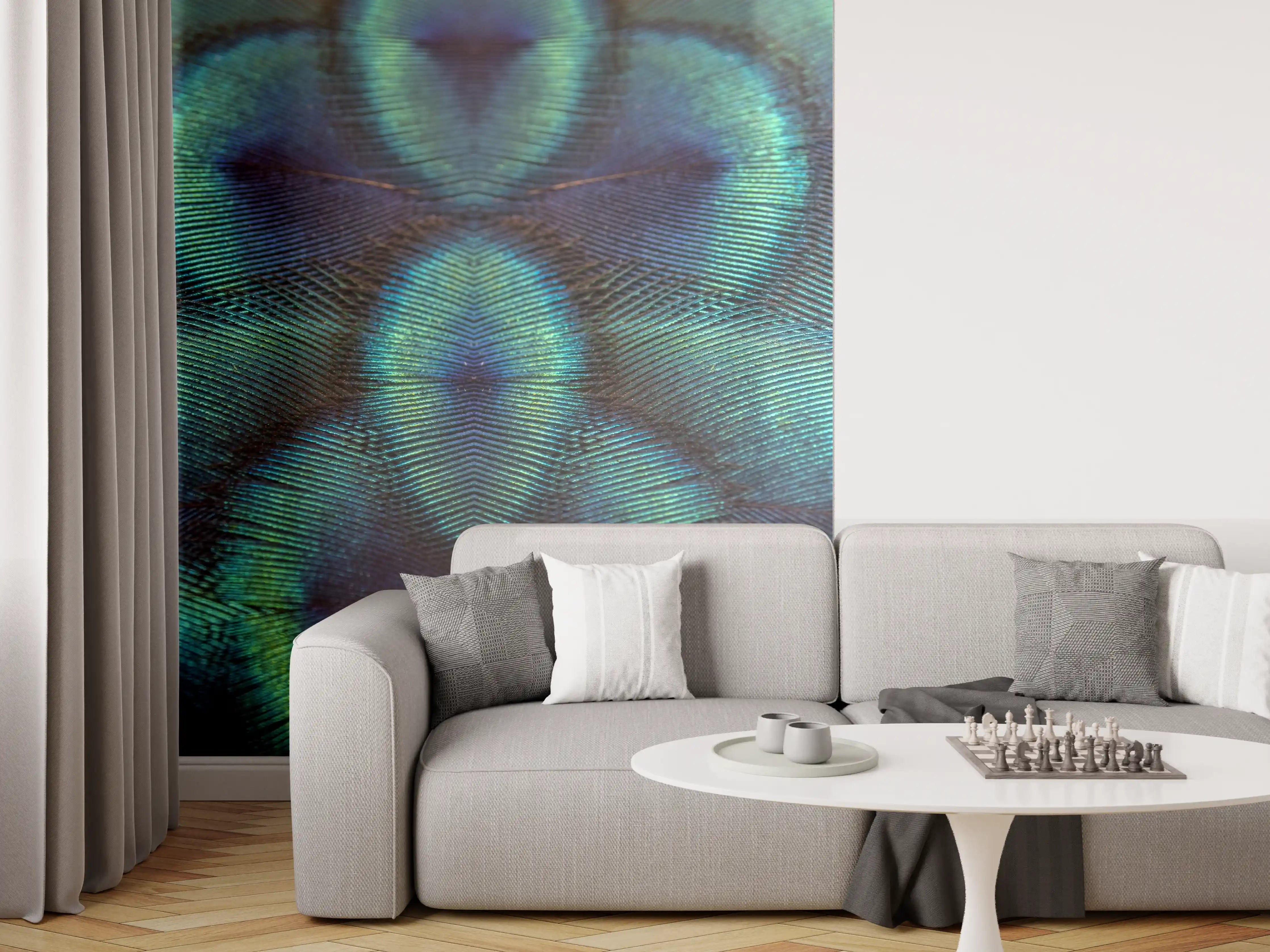 Wandverkleidung Wohnzimmer - Pfauenfedern - Nahaufnahme