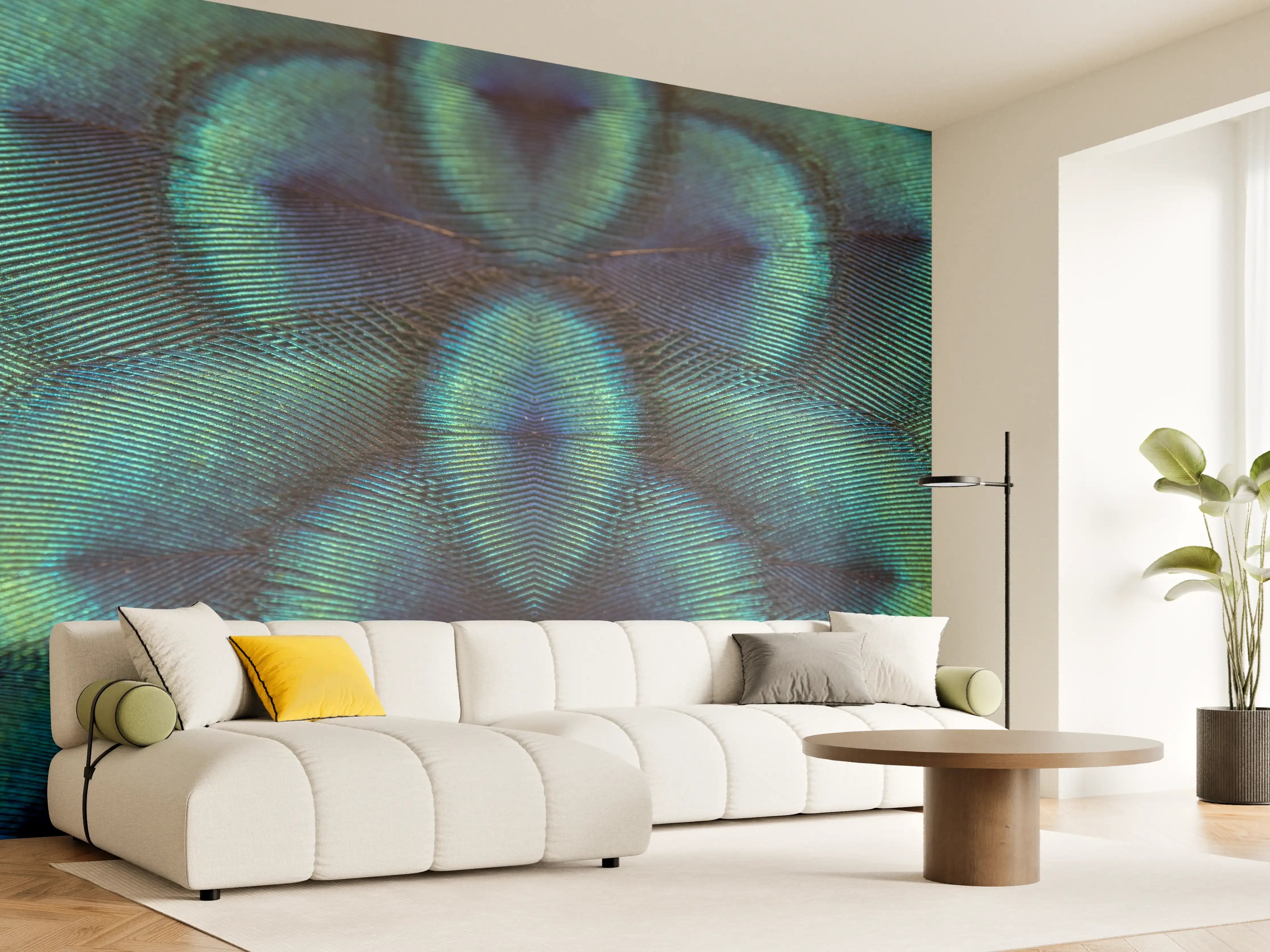 Wandverkleidung Wohnzimmer - Pfauenfedern - Nahaufnahme