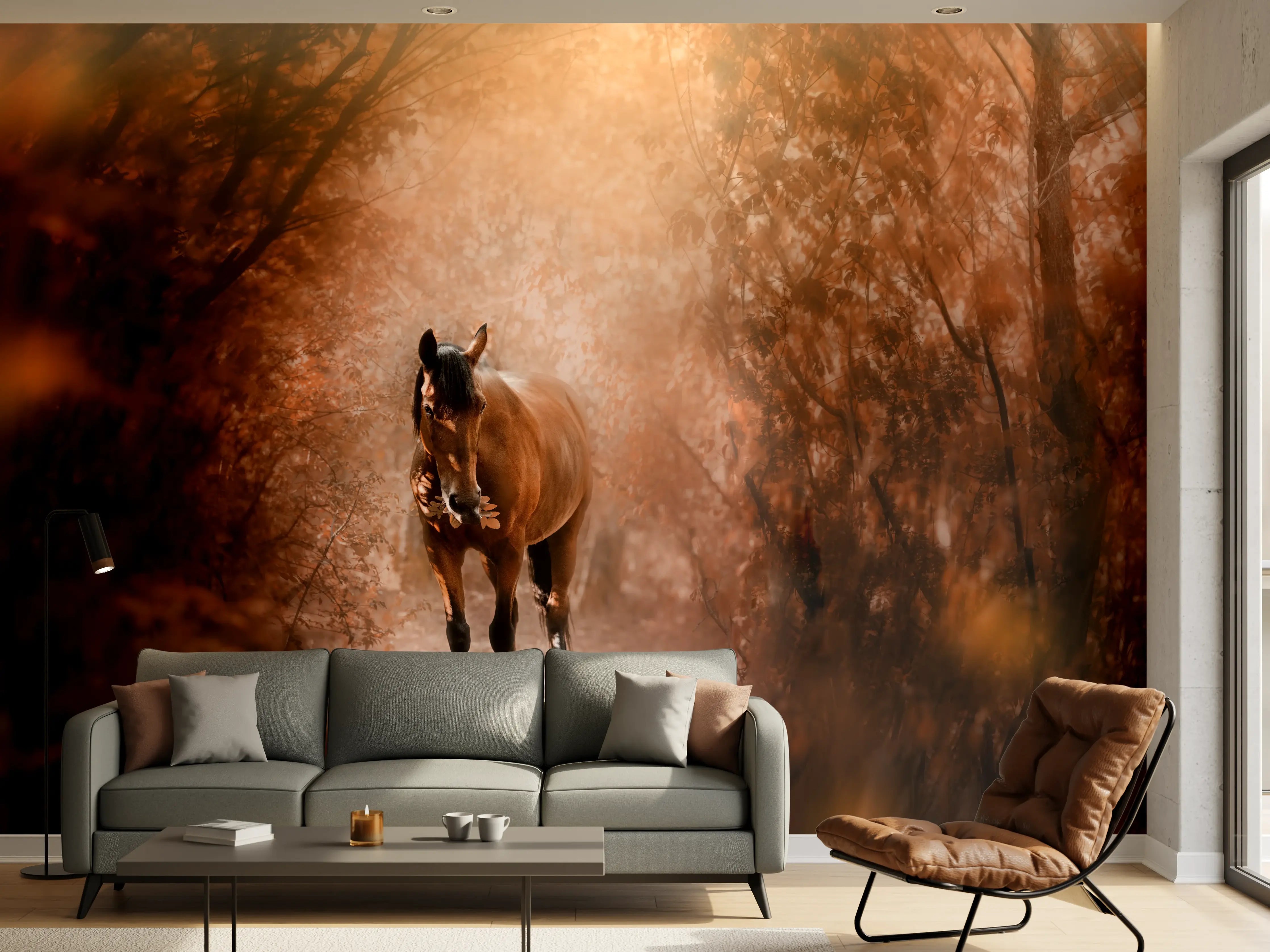 Wandverkleidung Wohnzimmer - Pferd stehend im Wald