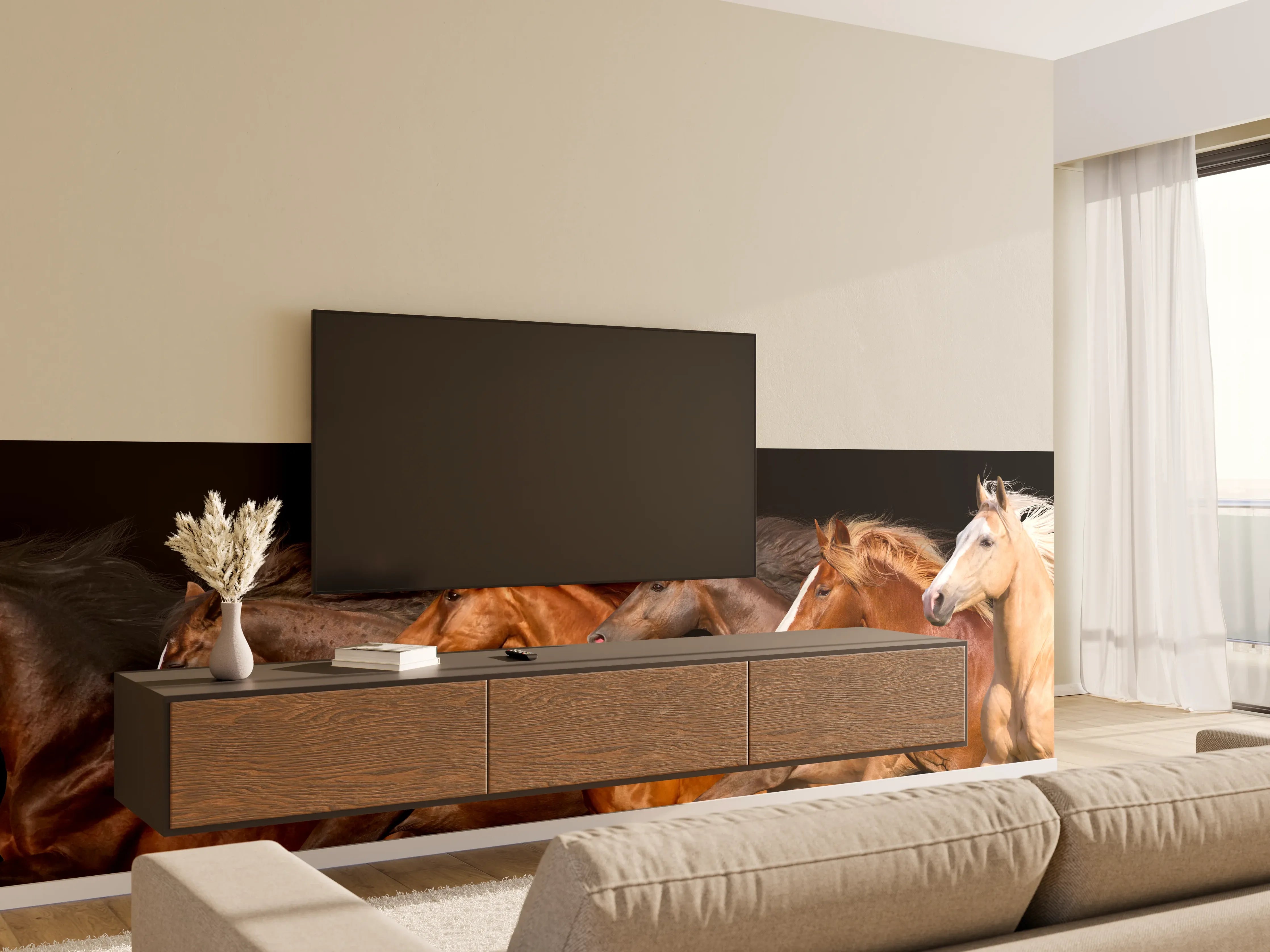 Wandverkleidung Wohnzimmer - Pferdeherde Schwarz Hintergrund
