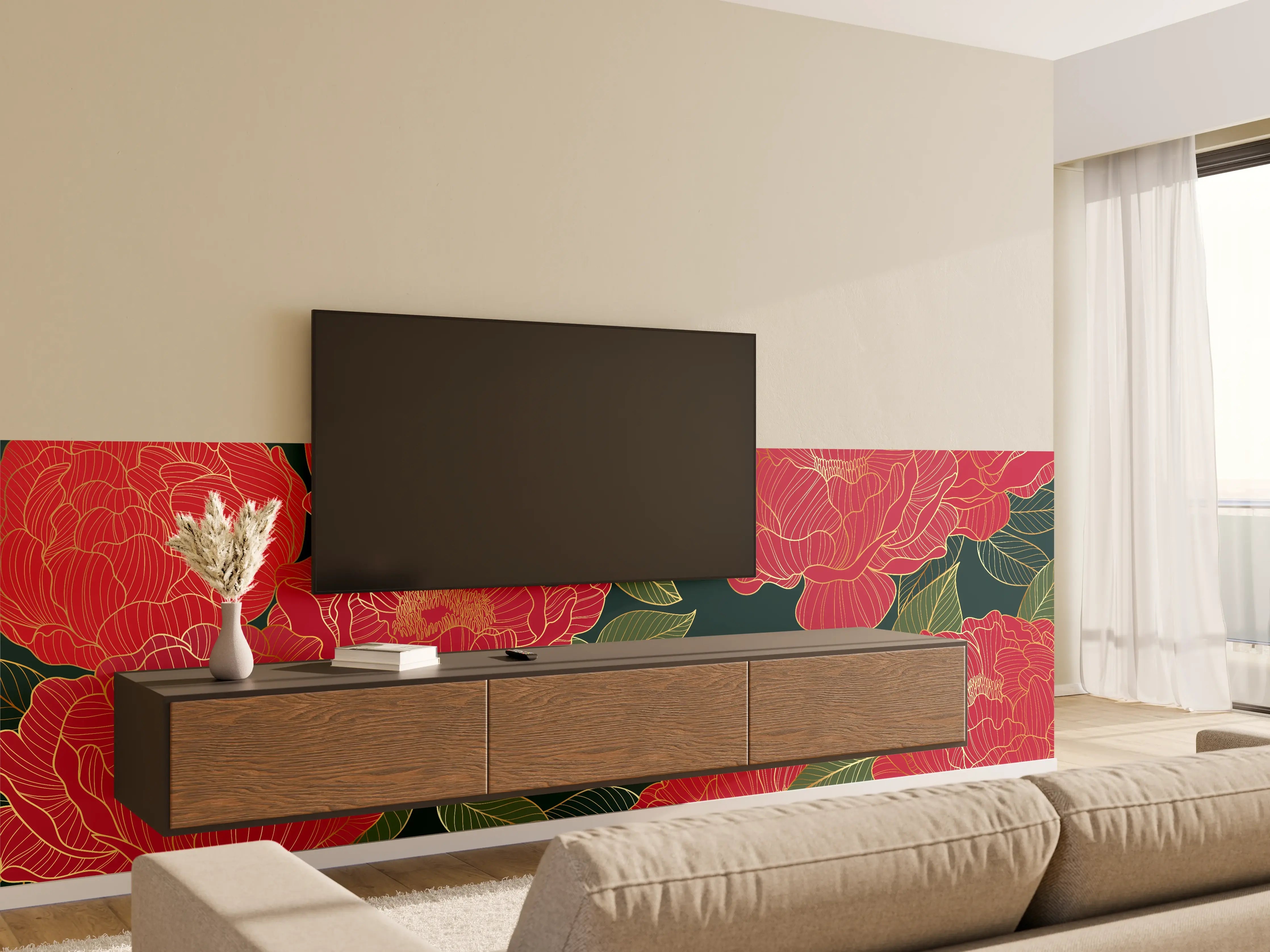 Wandverkleidung Wohnzimmer - Pfingstrosen Muster Dunkelrot