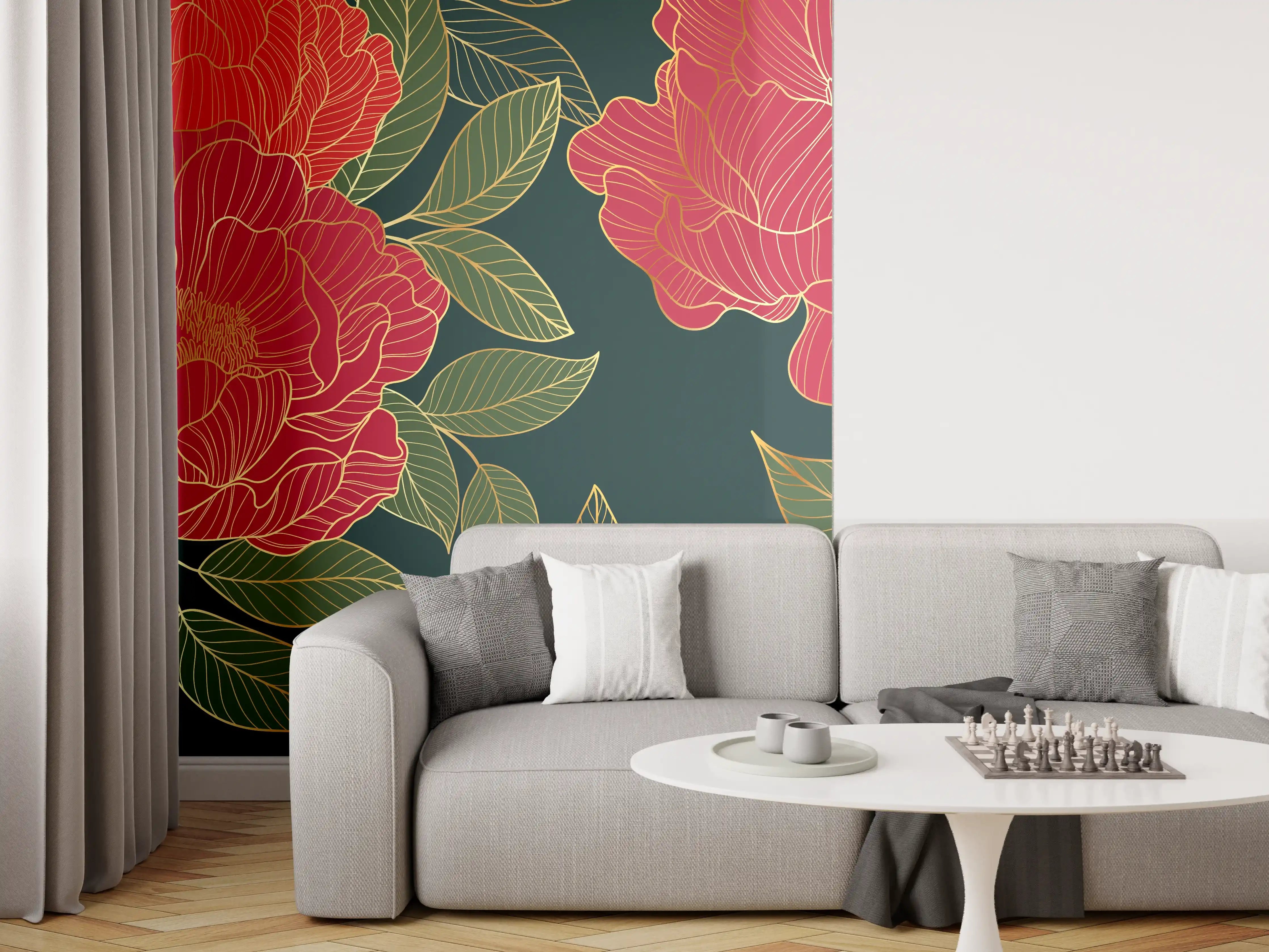 Wandverkleidung Wohnzimmer - Pfingstrosen Muster Dunkelrot
