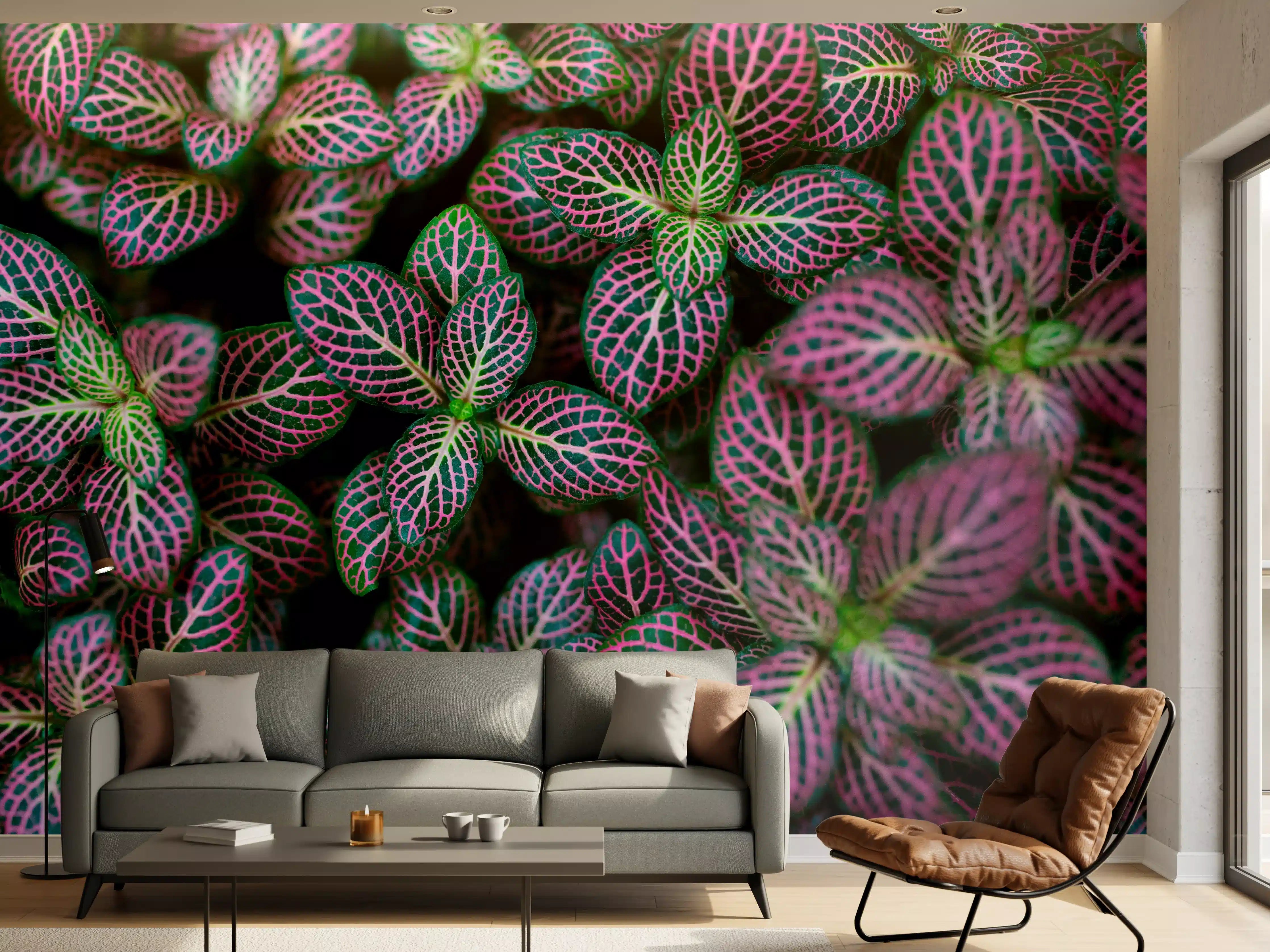 Wandverkleidung Wohnzimmer - Pflanzen mit bunten Blattmustern