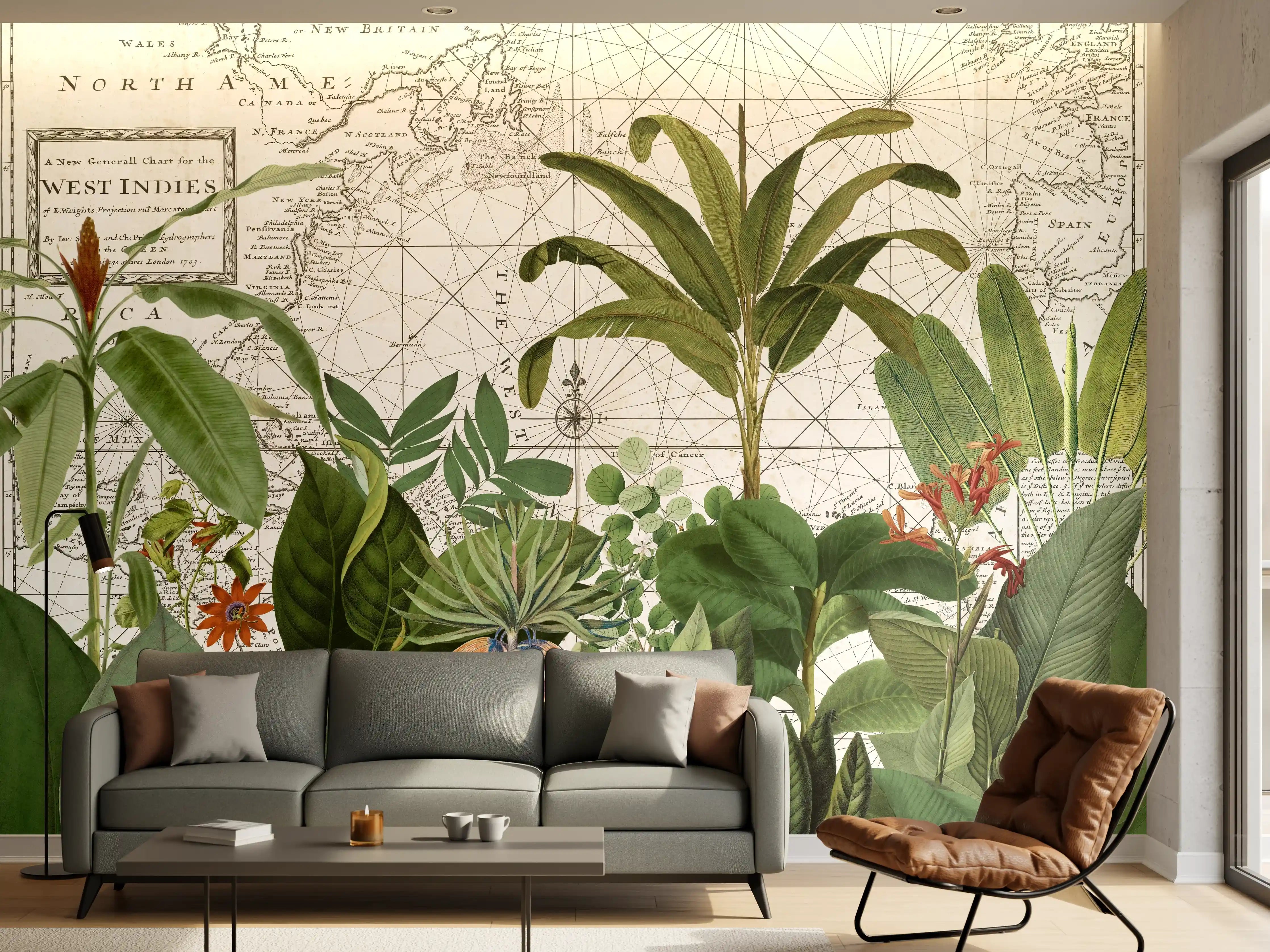 Wandverkleidung Wohnzimmer - Pflanzen und botanische Illustration