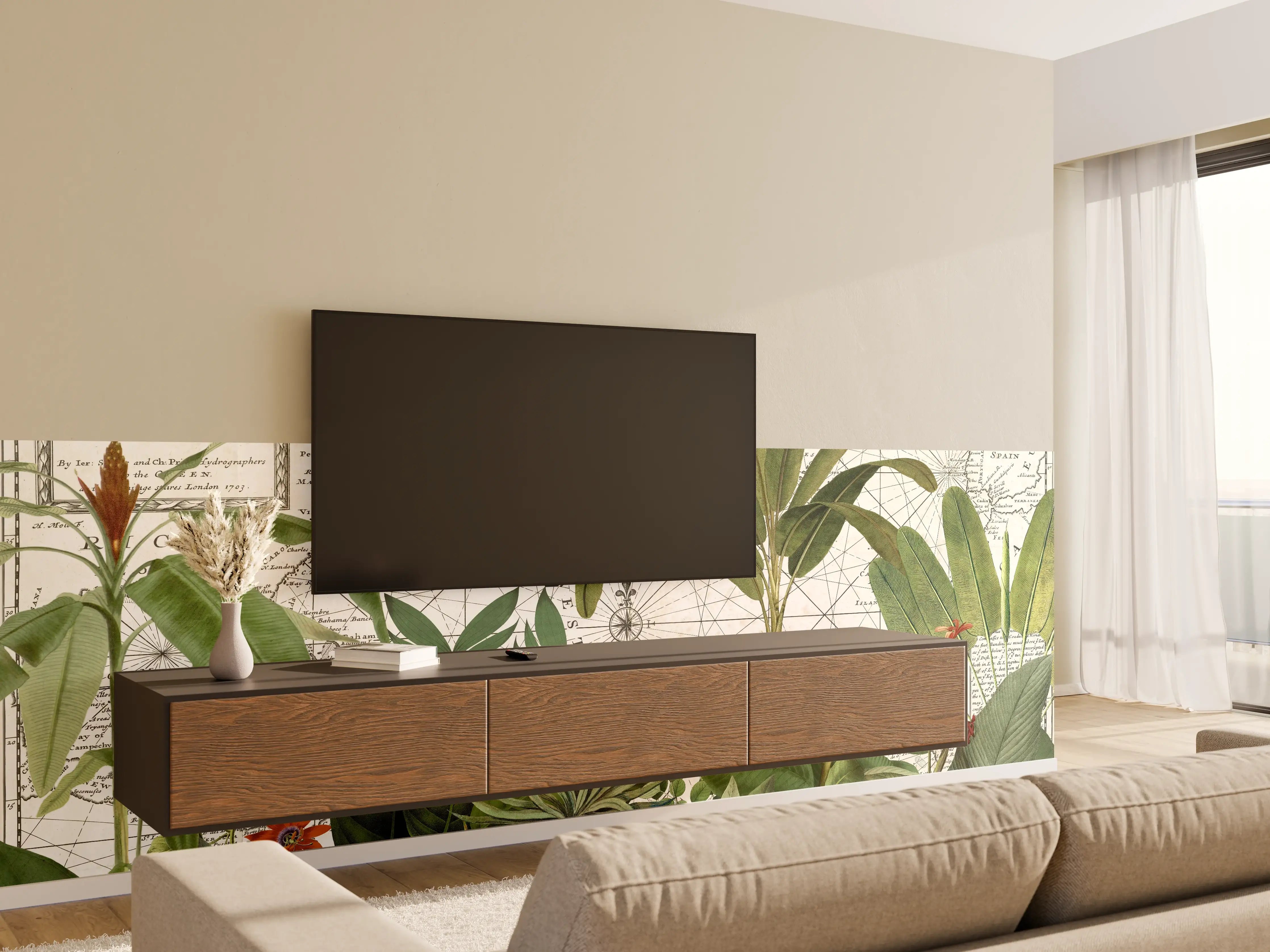 Wandverkleidung Wohnzimmer - Pflanzen und botanische Illustration