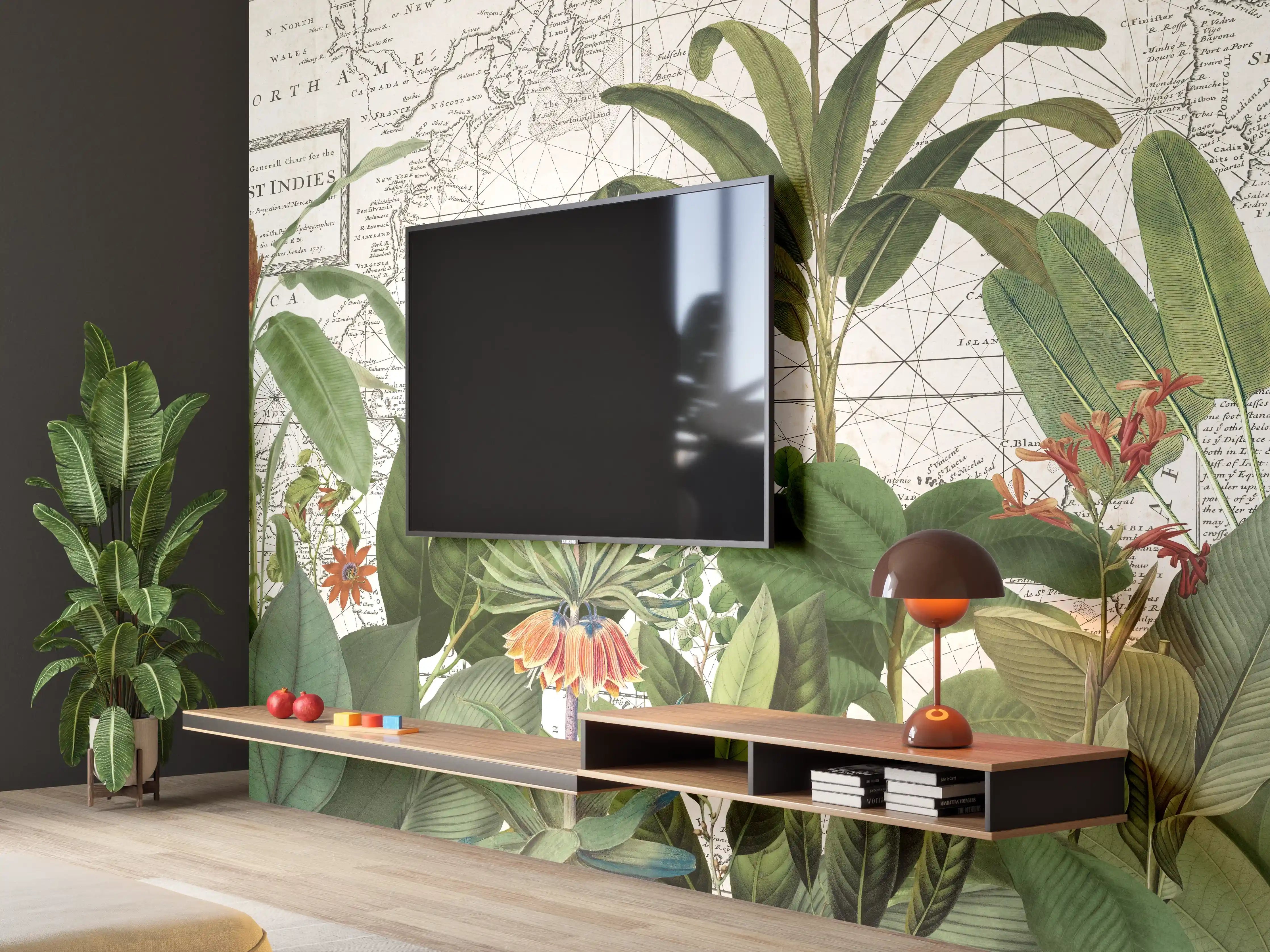 Wandverkleidung Wohnzimmer - Pflanzen und botanische Illustration